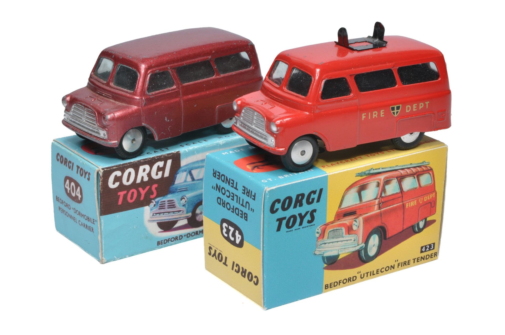 Corgi duo including No. 404 Bedford Personel Carrier plus No. 423 Bedford Fire Tender. Models