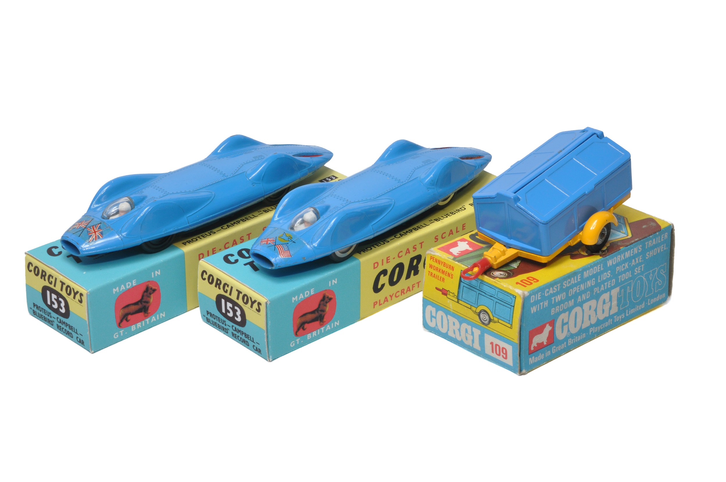 A duo of Corgi No. 153 Bluebird Record Cars, with flag variations, both very good to excellent (