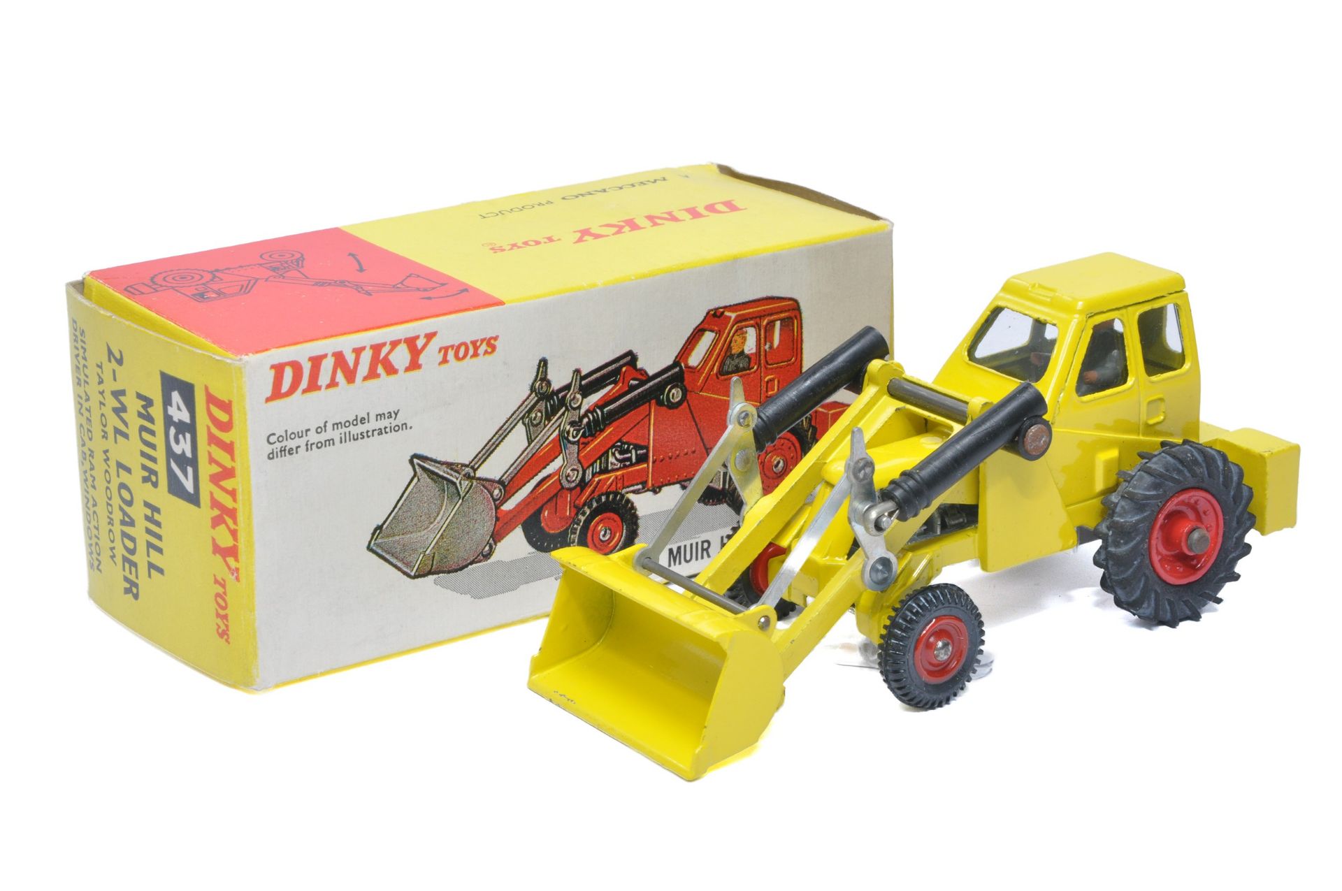 Dinky No. 437 Muir-Hill Loader Tractor. Yellow, silver engine, red hubs. Displays excellent in