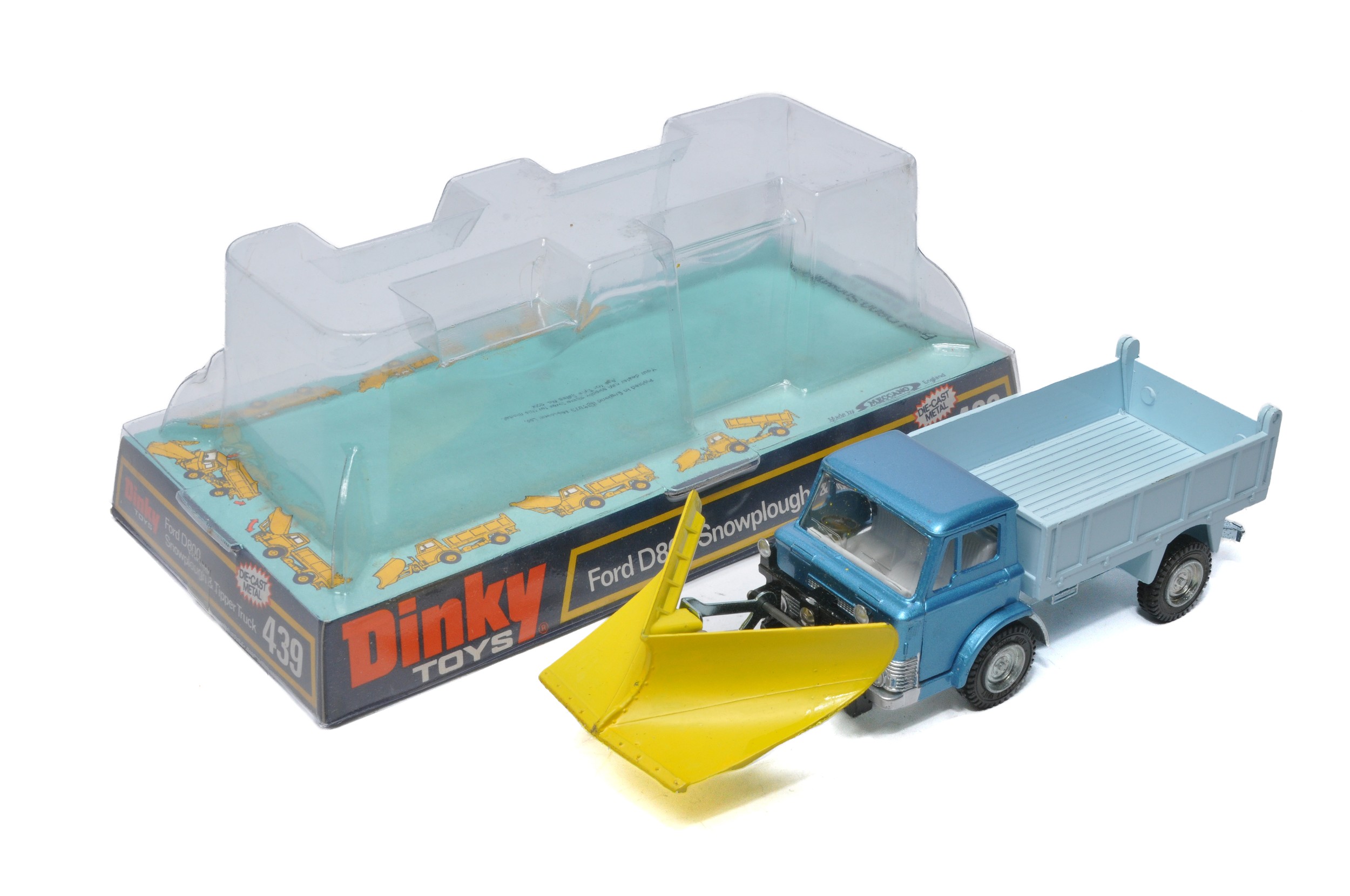 Dinky No. 439 Ford D800 Snowplough and Tipper Truck. Metallic blue cab with pale blue back.