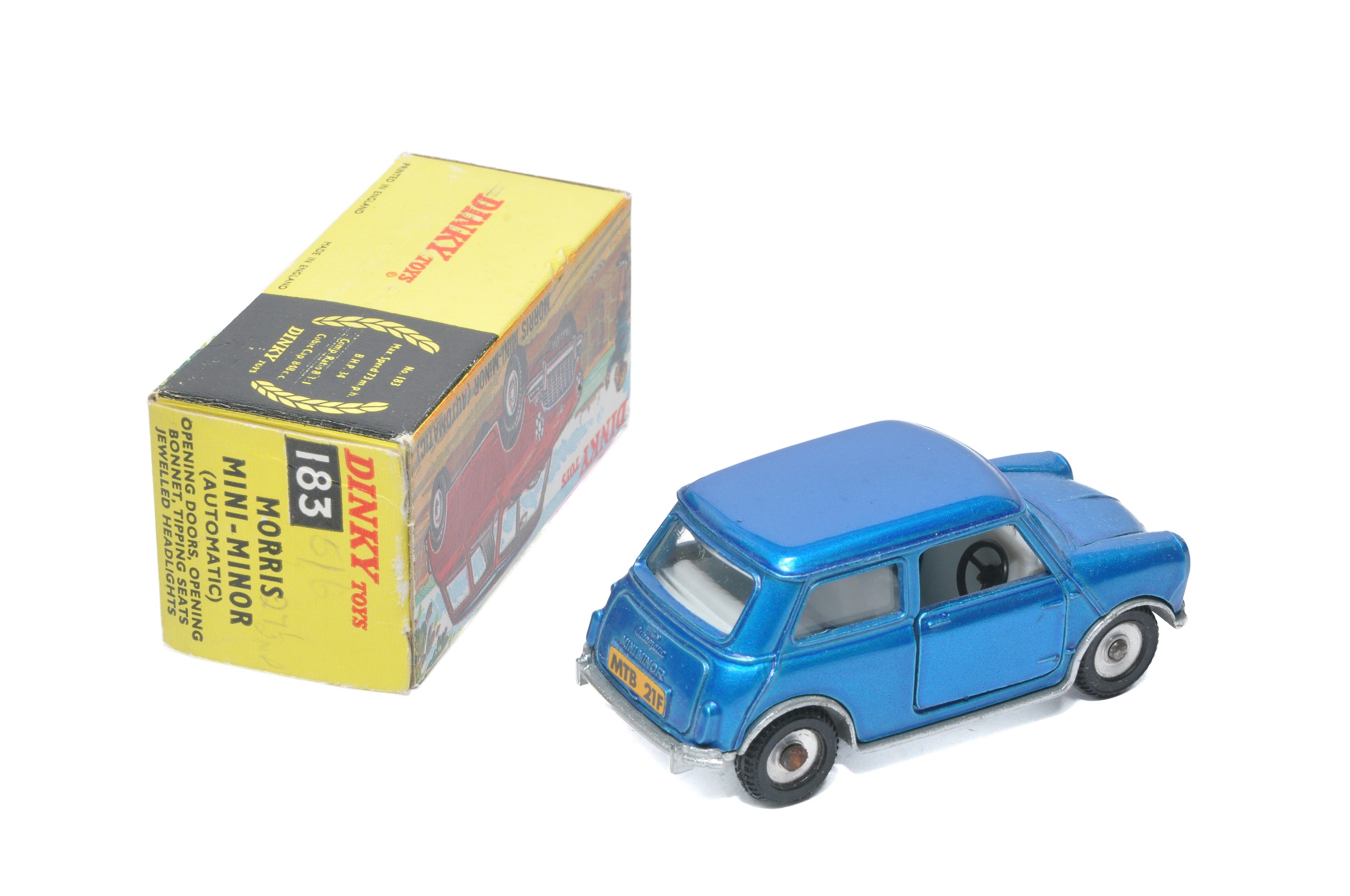 Dinky No. 183 Morris Mini-Minor. Metallic blue with white interior. Displays generally excellent, - Image 2 of 2