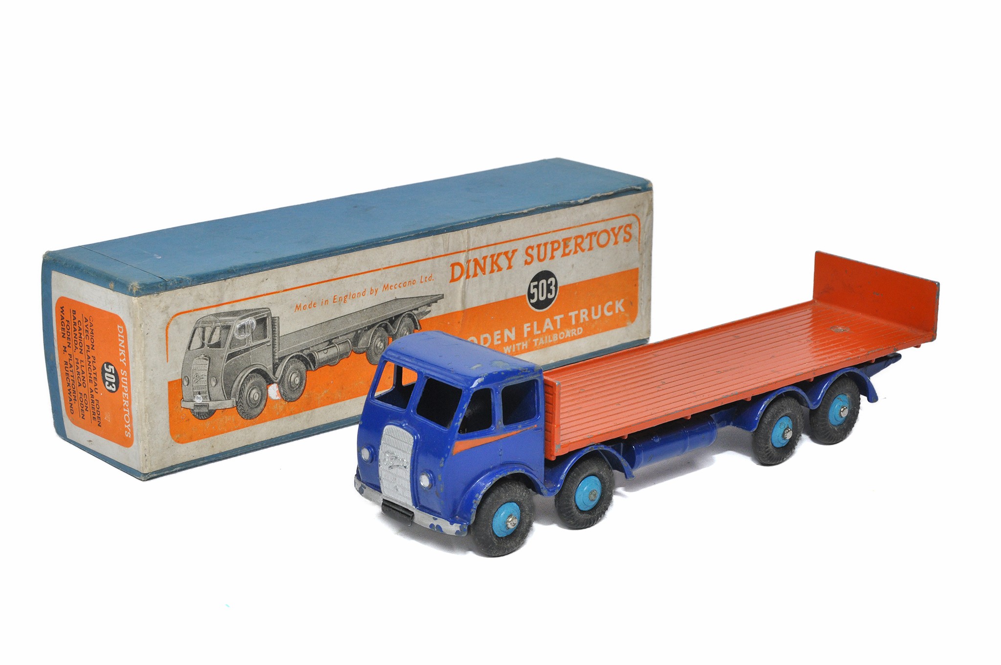 Dinky No. 503 Foden (first type) Flat Truck. Blue and orange. Good, with some more noticeable