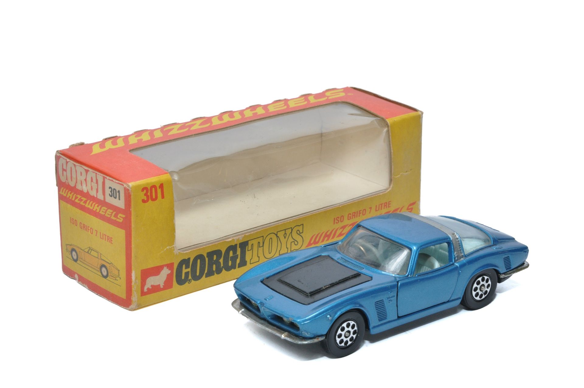 Corgi No. 301 Whizzwheels Iso Grifo 7 Litre. Metallic blue black with blue interior. Displays