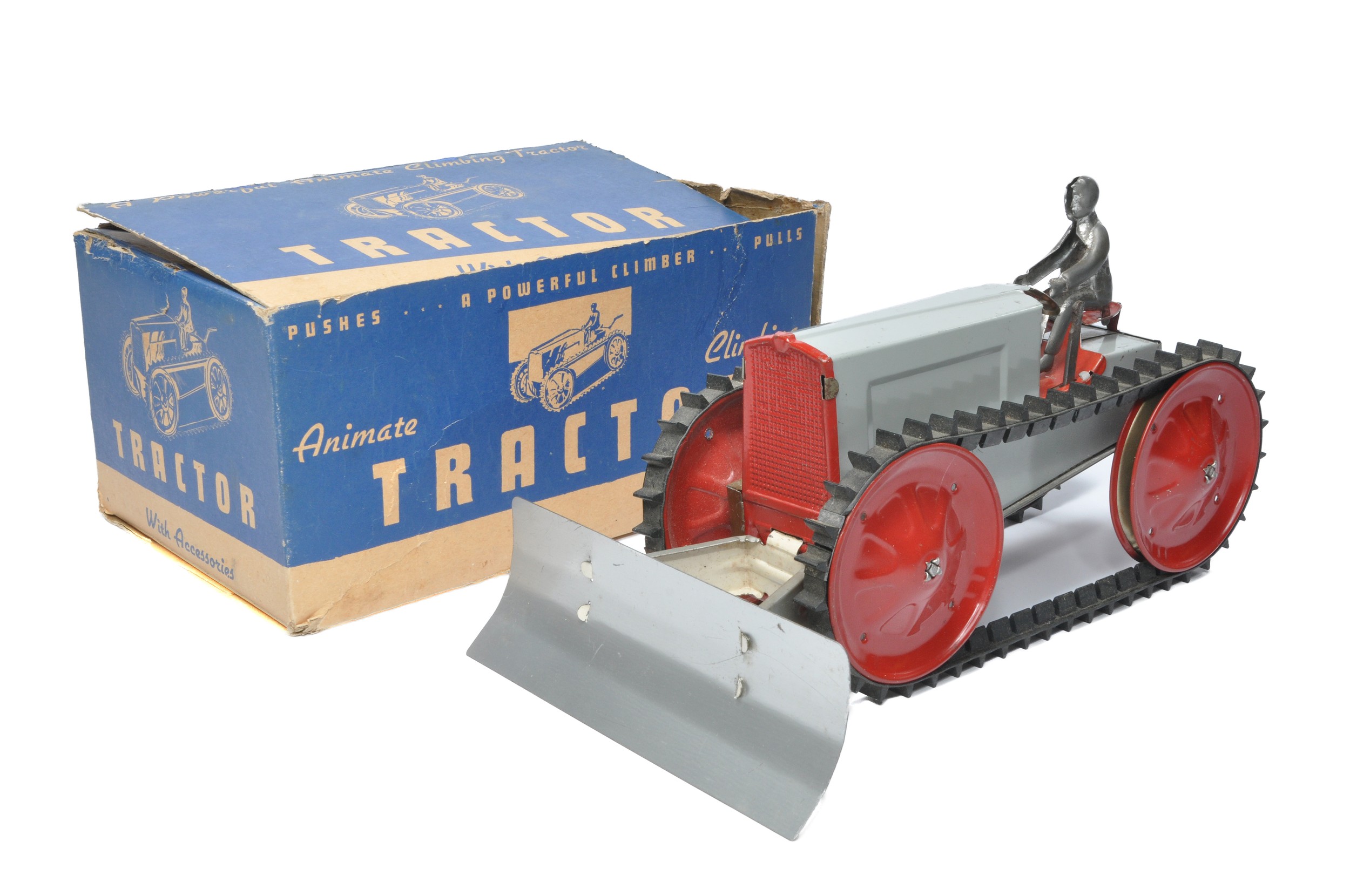 Animate (USA) Tinplate Crawler Tractor with driver and front mounted blade. Displays very good