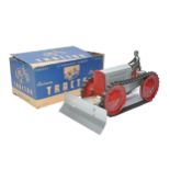 Animate (USA) Tinplate Crawler Tractor with driver and front mounted blade. Displays very good