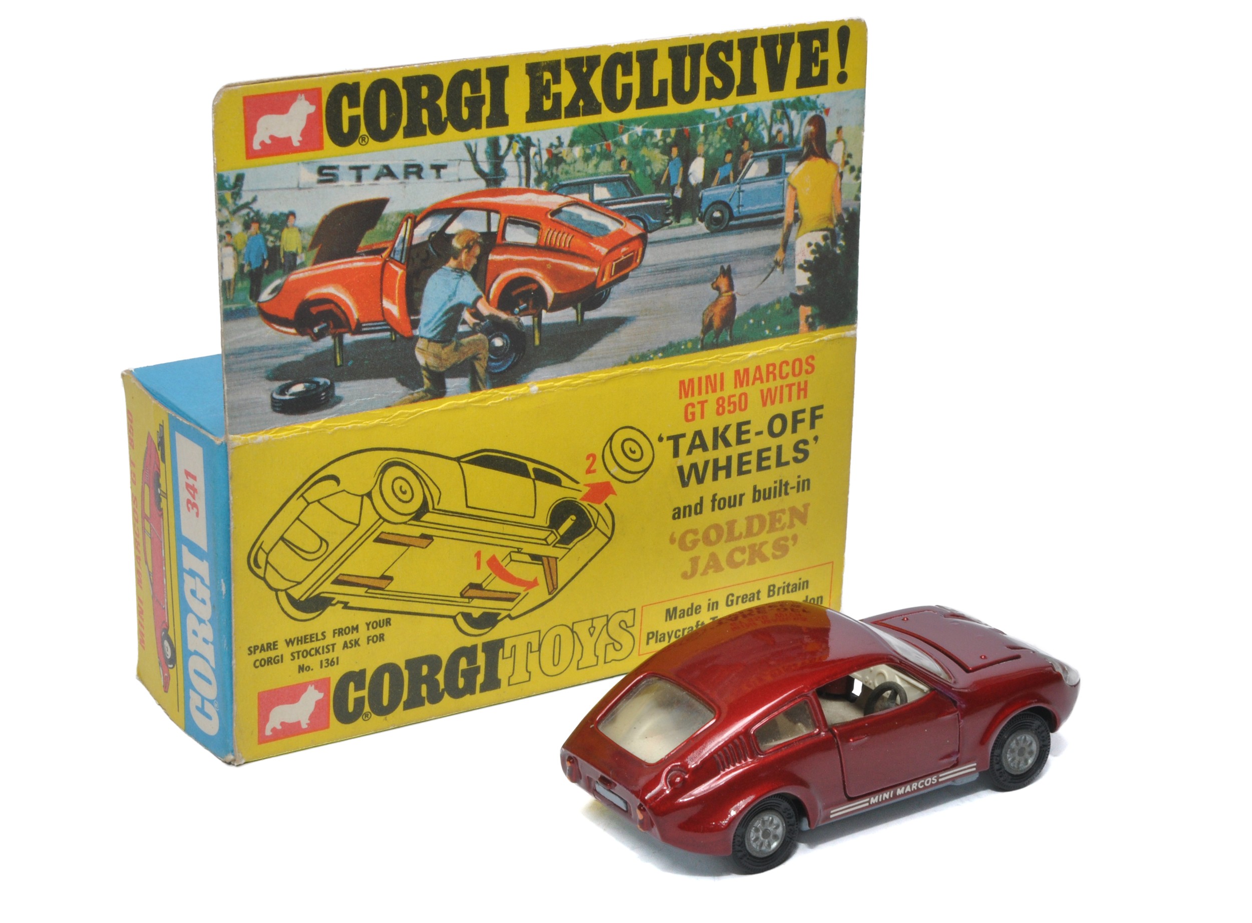 Corgi No. 341 Mini Marcos GT850. Metallic maroon with white interior. Cast hubs. Displays very good, - Image 2 of 2