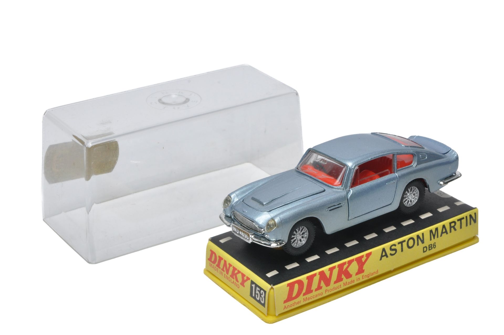 Dinky No. 153 Aston Martin DB6. Metallic silver / grey, red interior. Displays very good to