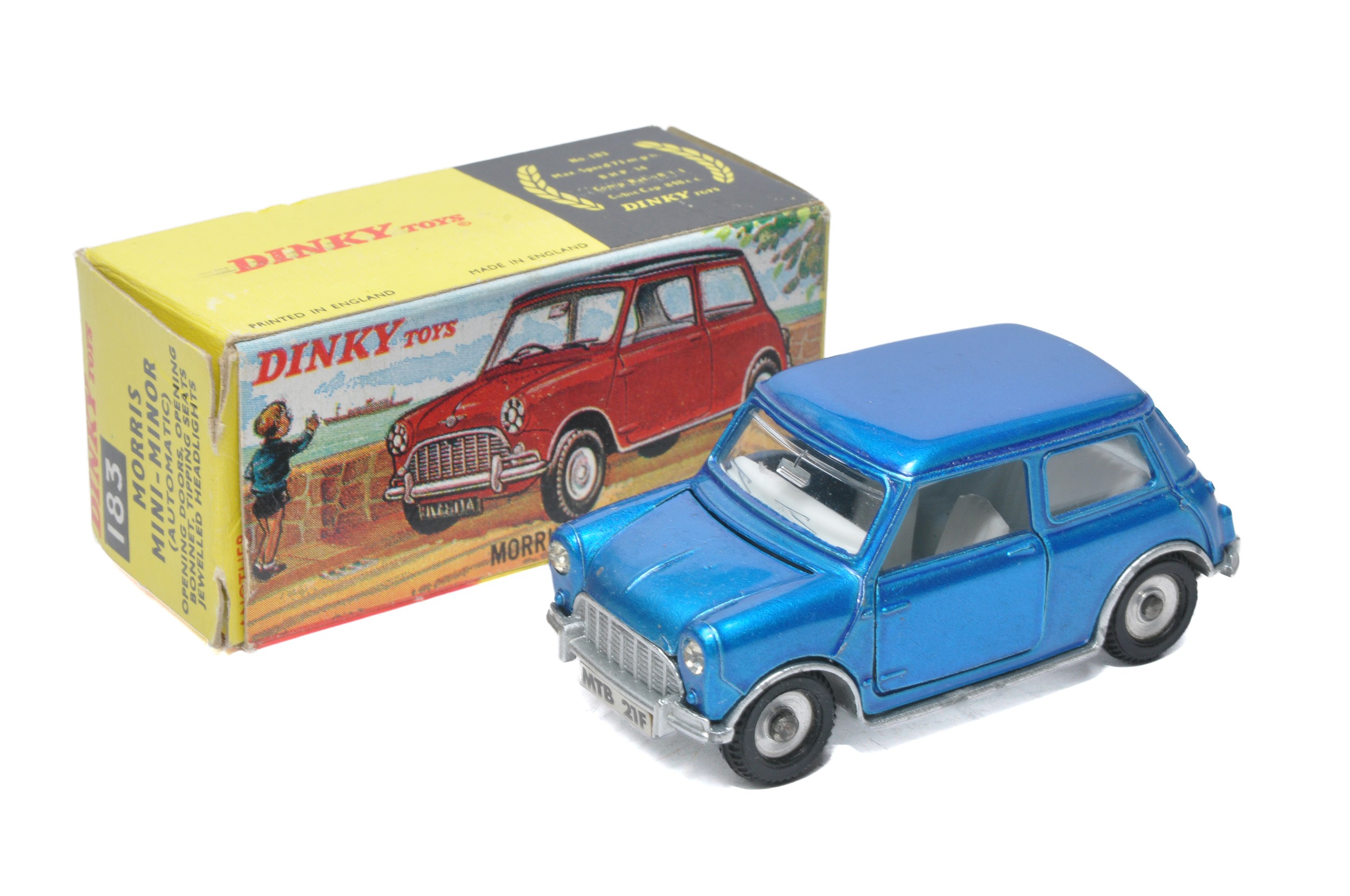 Dinky No. 183 Morris Mini-Minor. Metallic blue with white interior. Displays generally excellent,