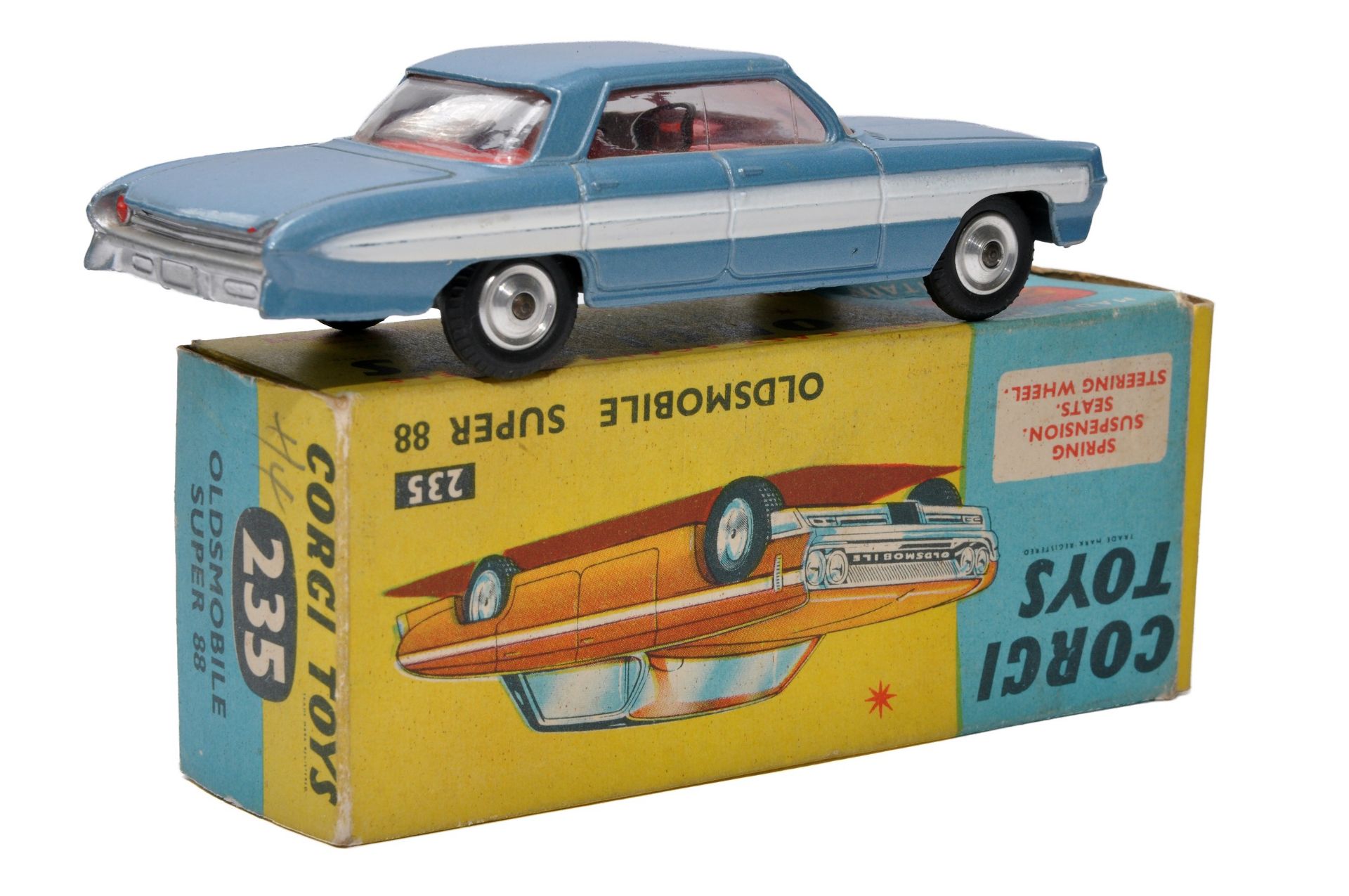 Corgi No. 235 Oldsmobile Super 88. Two Tone metallic pale blue / white flash with red interior. Spun - Image 2 of 2