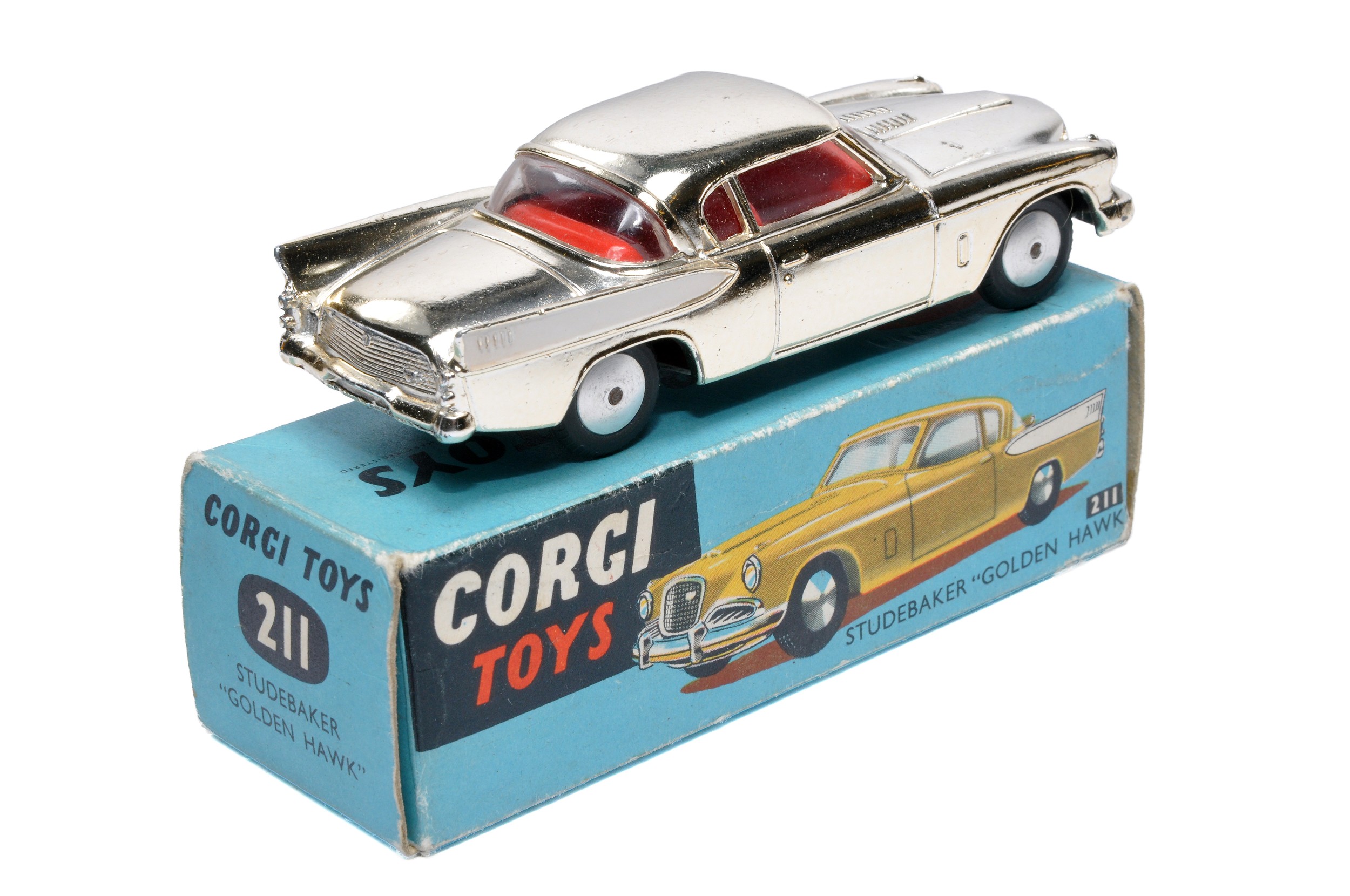 Corgi No. 211 Studebaker Golden Hawk. Gold plate / white flash with red interior. Flat spun hubs. - Image 2 of 2