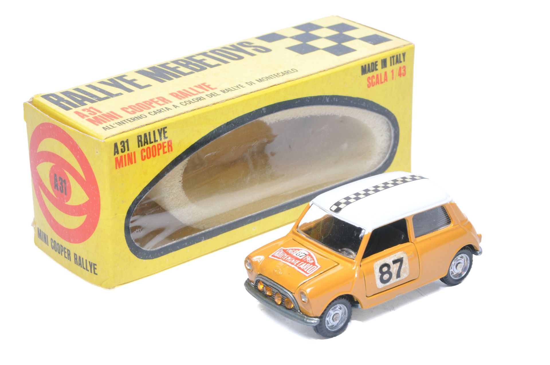 Mebetoys (Italy) Morris Mini Cooper Rallye. Orange, black interior. Monte Carlo decals. Displays