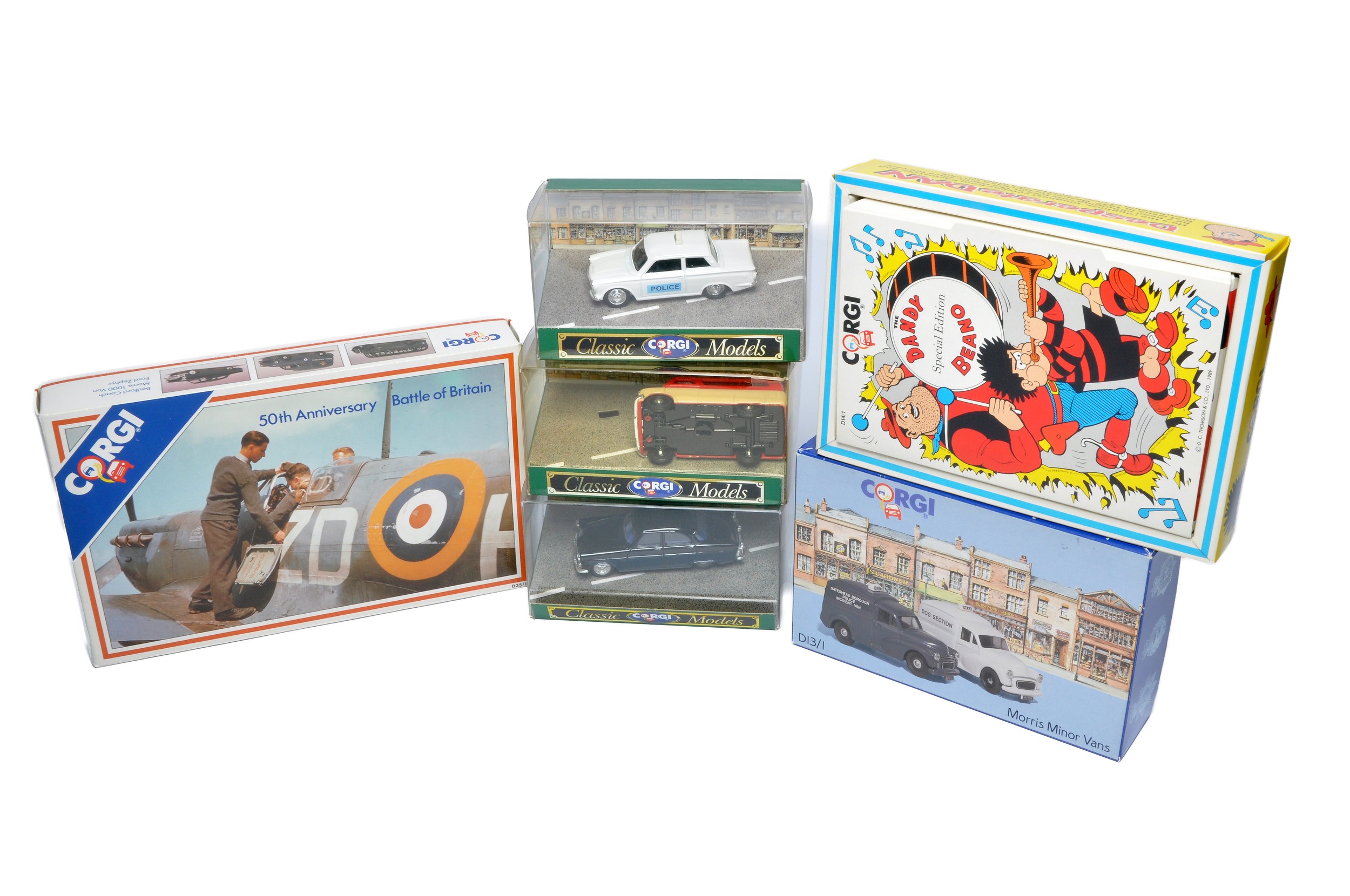 A group of Corgi diecast issues including Desperate Dan, Police, RAF and Classic Car models. With