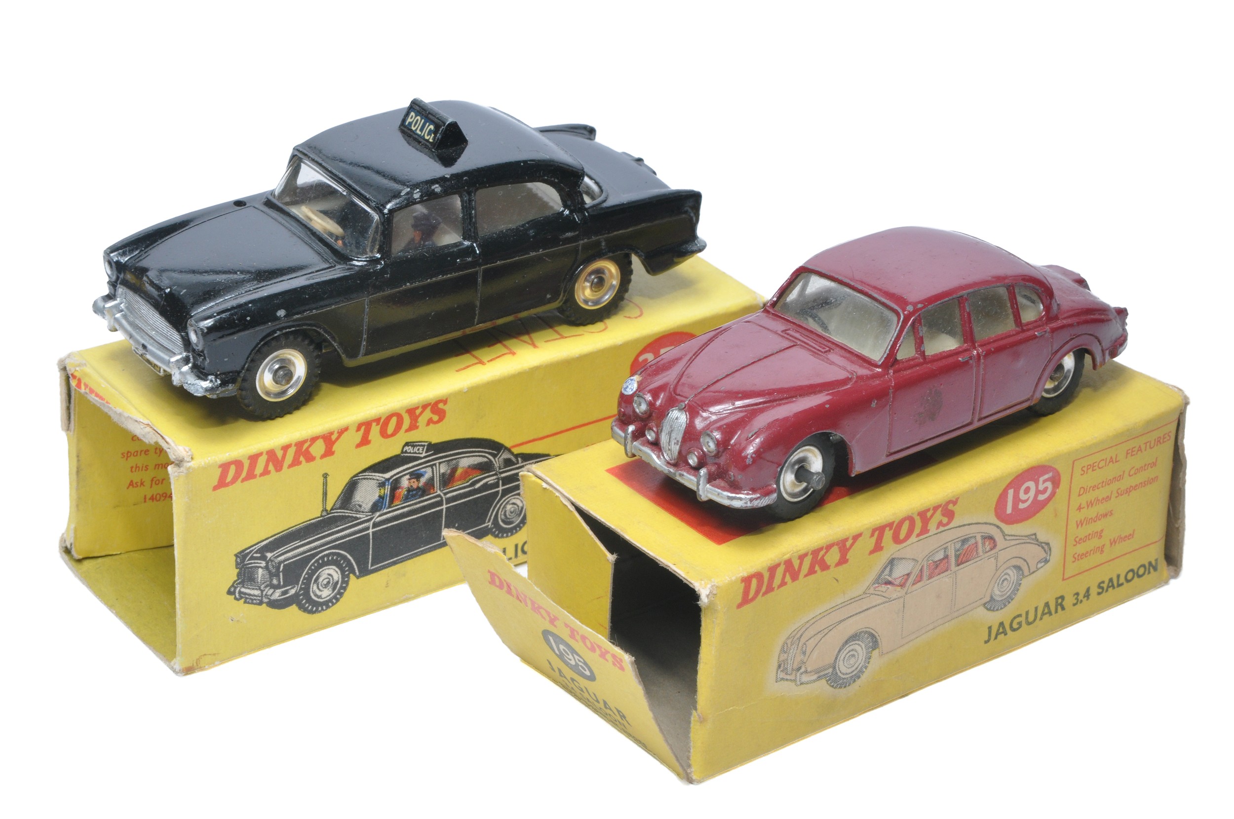 Dinky duo comprising No. 256 Police Patrol Car, good in fair box (missing flaps) plus No. 195 Jaguar