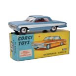 Corgi No. 235 Oldsmobile Super 88. Two Tone metallic pale blue / white flash with red interior. Spun