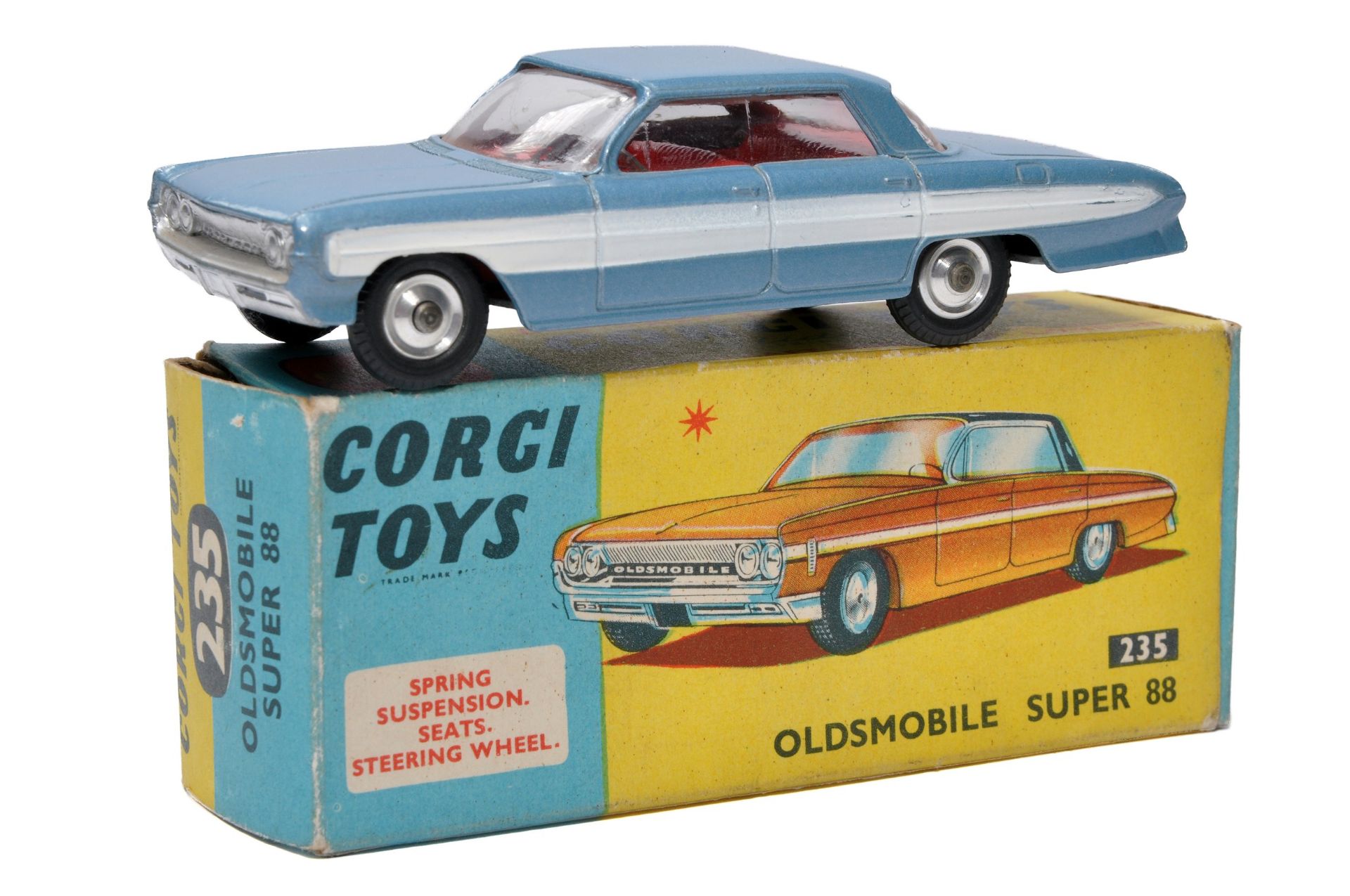 Corgi No. 235 Oldsmobile Super 88. Two Tone metallic pale blue / white flash with red interior. Spun