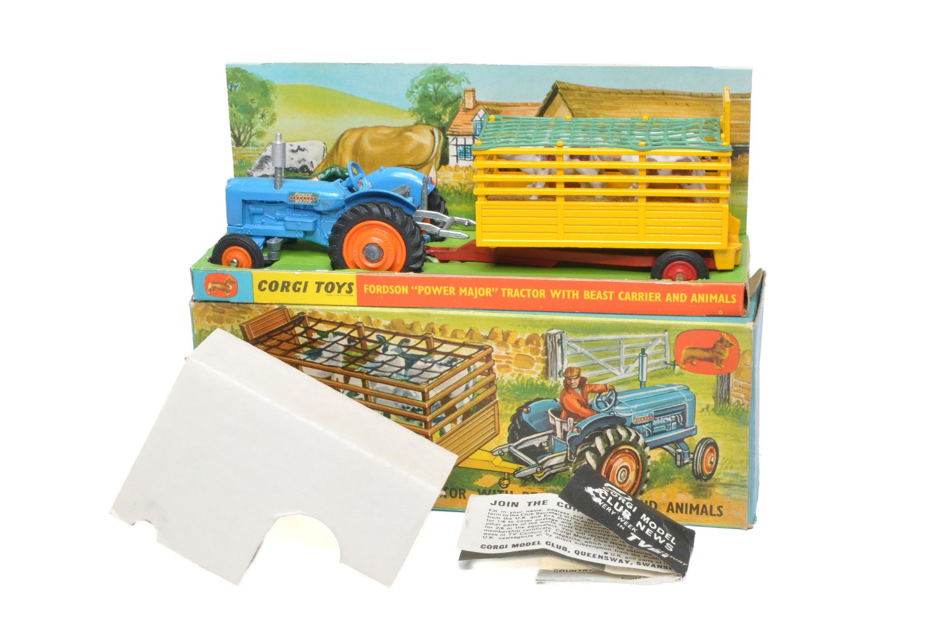 Corgi Gift Set No. 33 Fordson Power Major Tractor and Beast Carrier Trailer. Tractor has orange