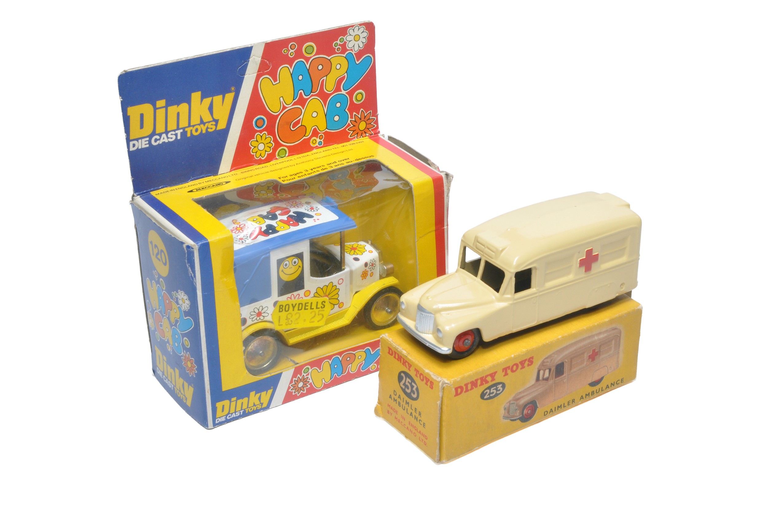 Dinky duo comprising Daimler Ambulance and Happy Cab. Daimler is very good to excellent, box is fair