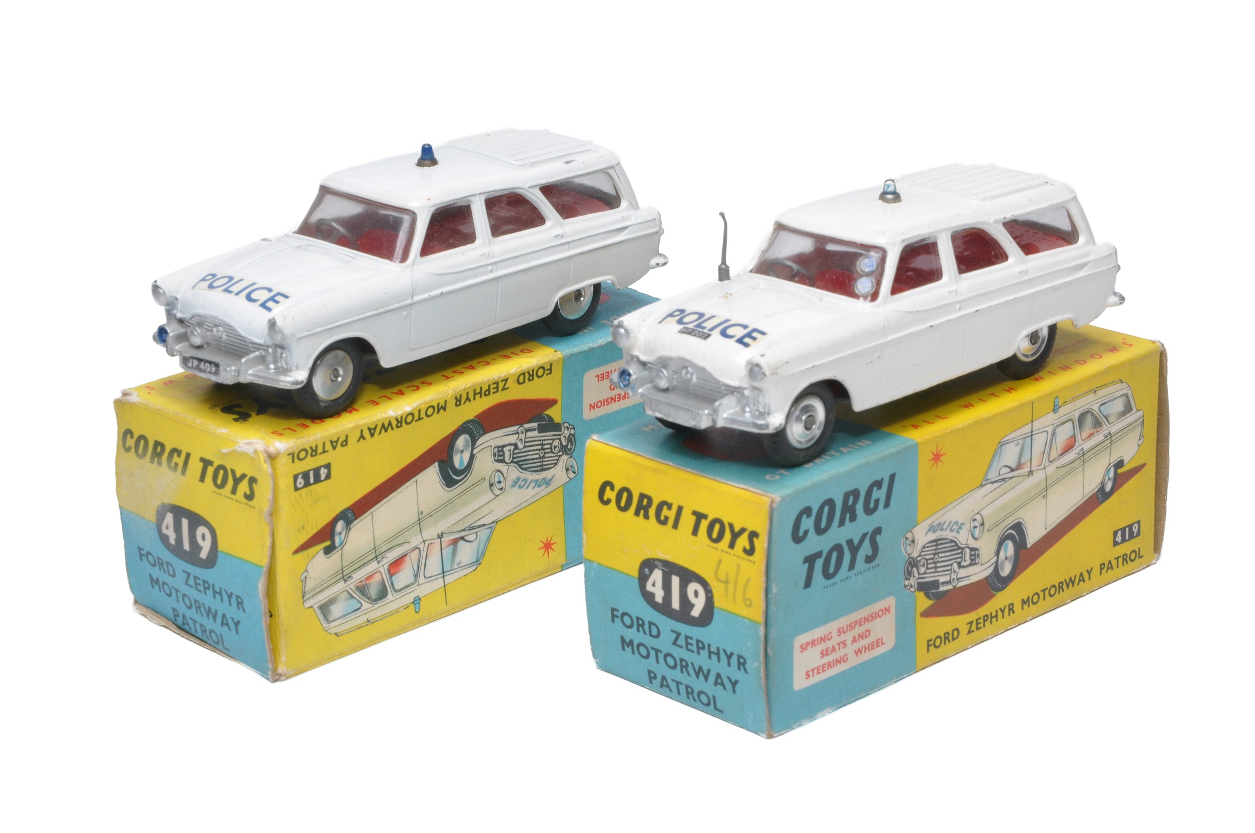 Corgi No. 419 duo of Ford Zephyr Motorway issues. Display fair to very good, as shown. Some more