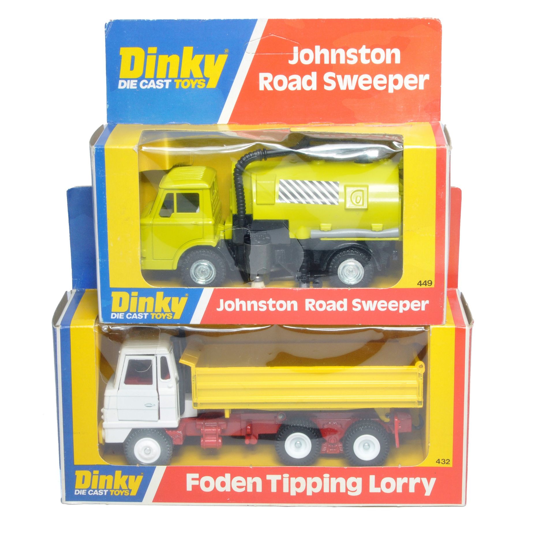 Dinky duo comprising No. 449 Johnston Road Sweeper and No. 432 Foden Tipping Lorry. Both look to
