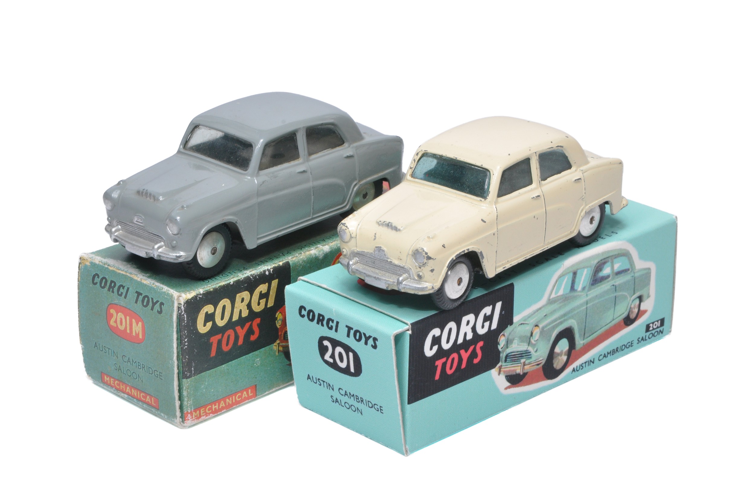 Corgi duo of No. 201M Austin Cambridge Saloon (Colour variations as shown). Both display generally