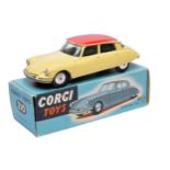 Corgi No. 210 Citroen DS19. Pale yellow / red. Flat spun hubs. Generally displays good to very good,