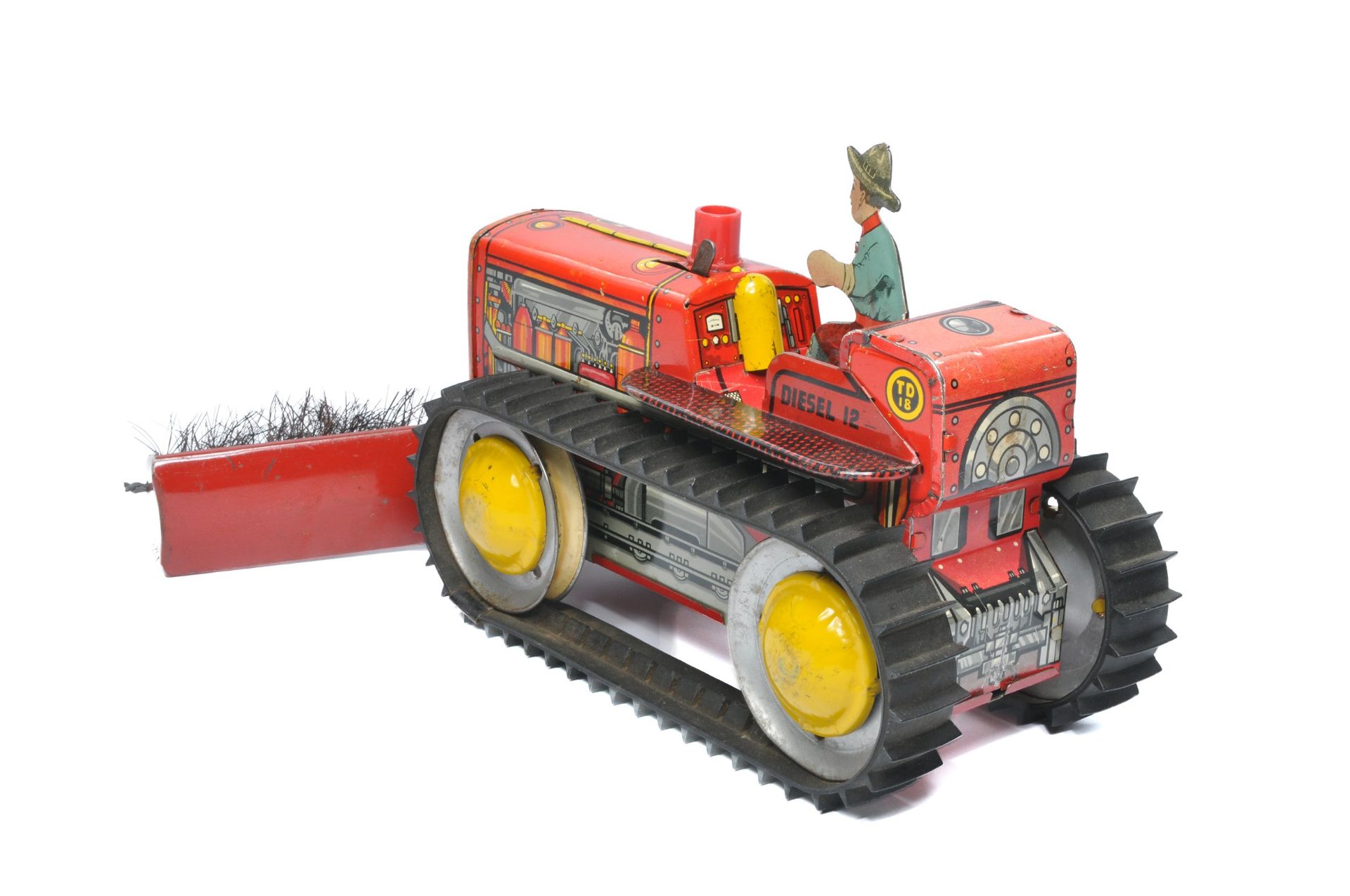 Marx (USA) 13 inch Litho printed Mechanical Tinplate Crawler Tractor with front brush attachment. In - Image 2 of 3