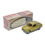 Mebetoys No. A1 Fiat 850. Metallic lime green with brown interior. Displays excellent, a couple of