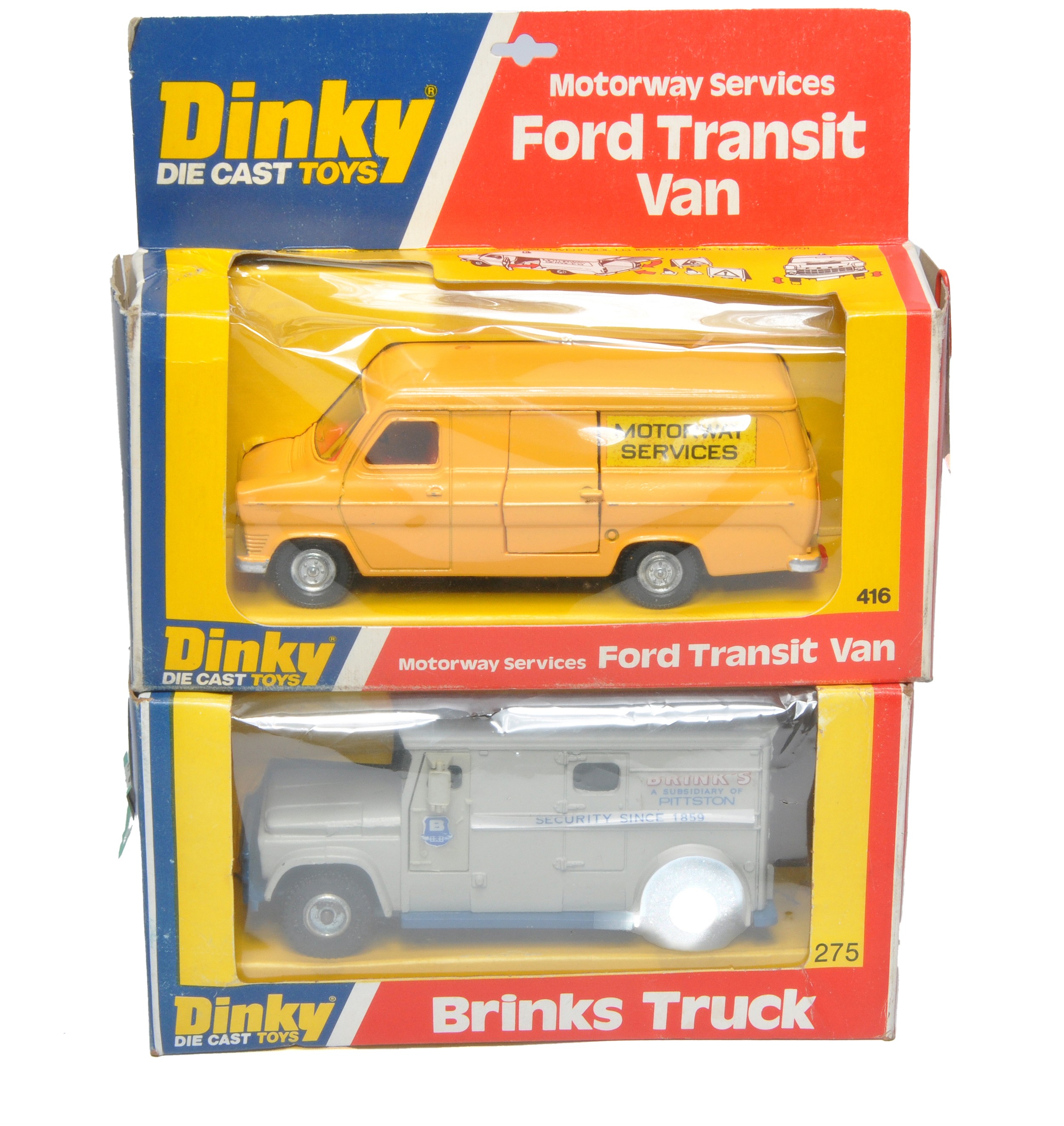 Dinky Duo of No. 416 Motorway Services Ford Transit Van and No. 275 Brinks Security Truck. Both look