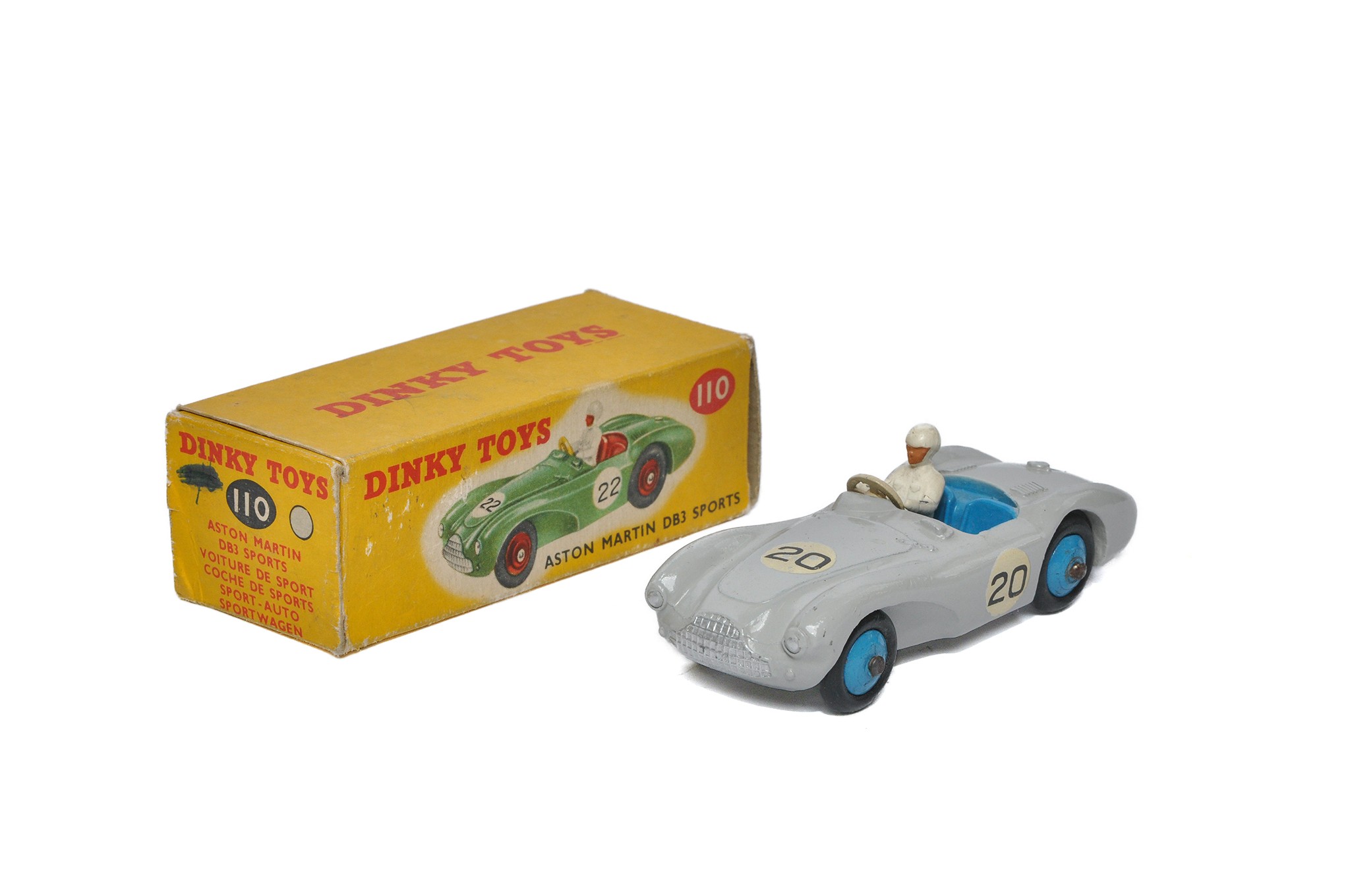 Dinky No. 110 Aston Martin DB4 Sports. Grey with blue interior. Generally excellent, the odd spot of