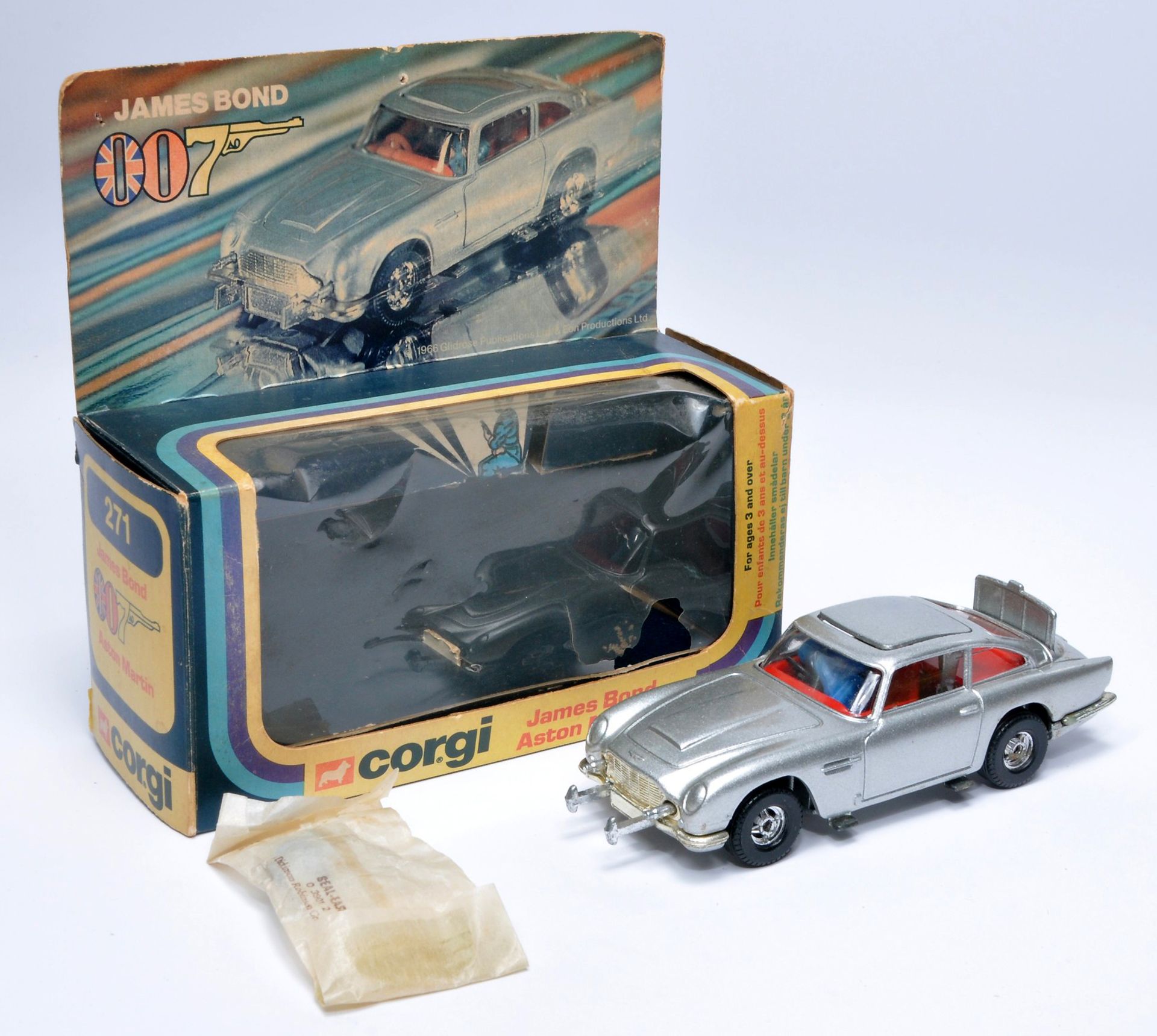 Corgi No. 271 James Bond 007 Aston Martin DB5. Metallic Silver, red interior. Displays generally