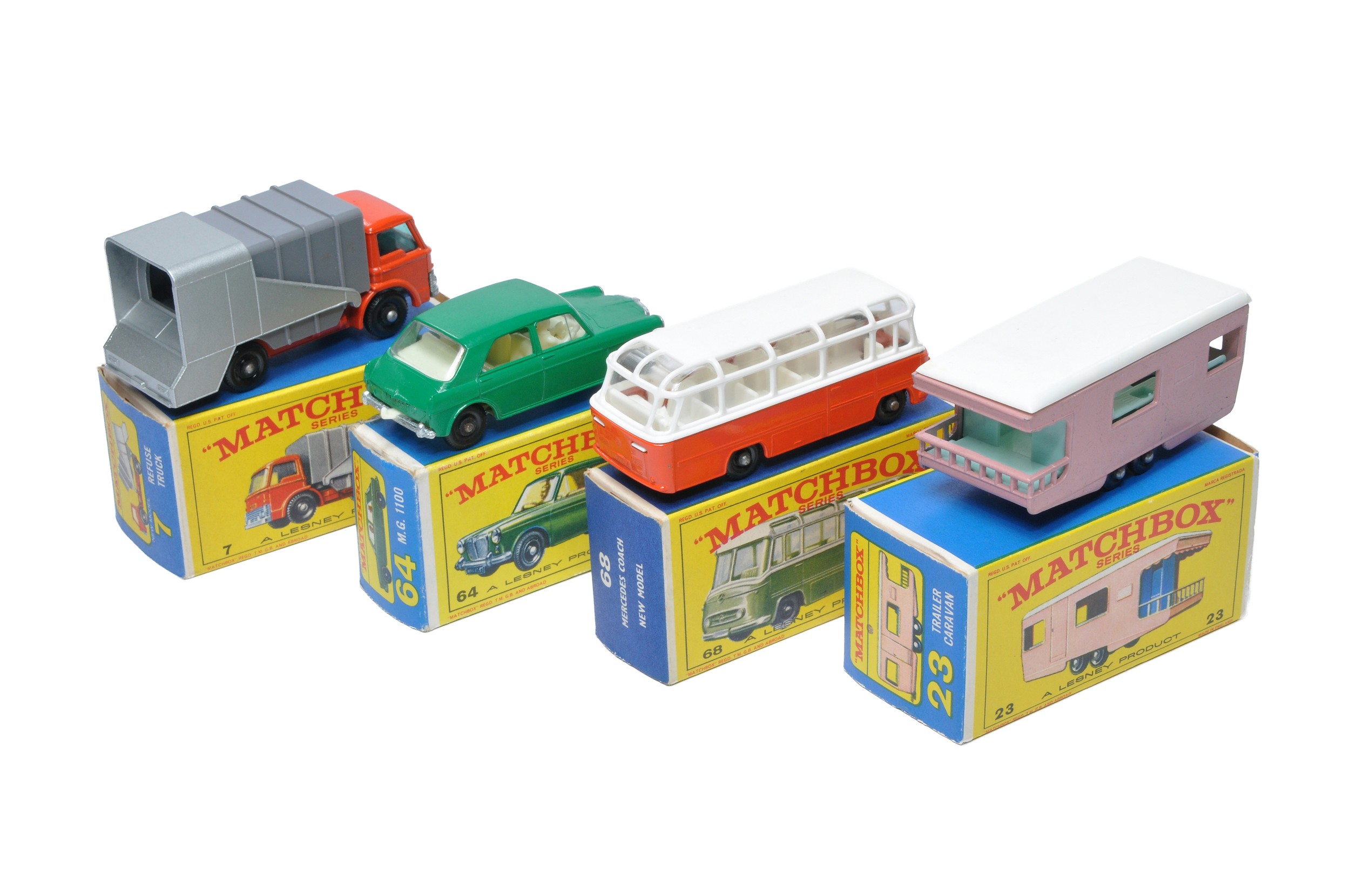 A group of four Matchbox Regular Wheels comprising MG1100, Refuse Truck, Trailer Caravan and - Image 2 of 2