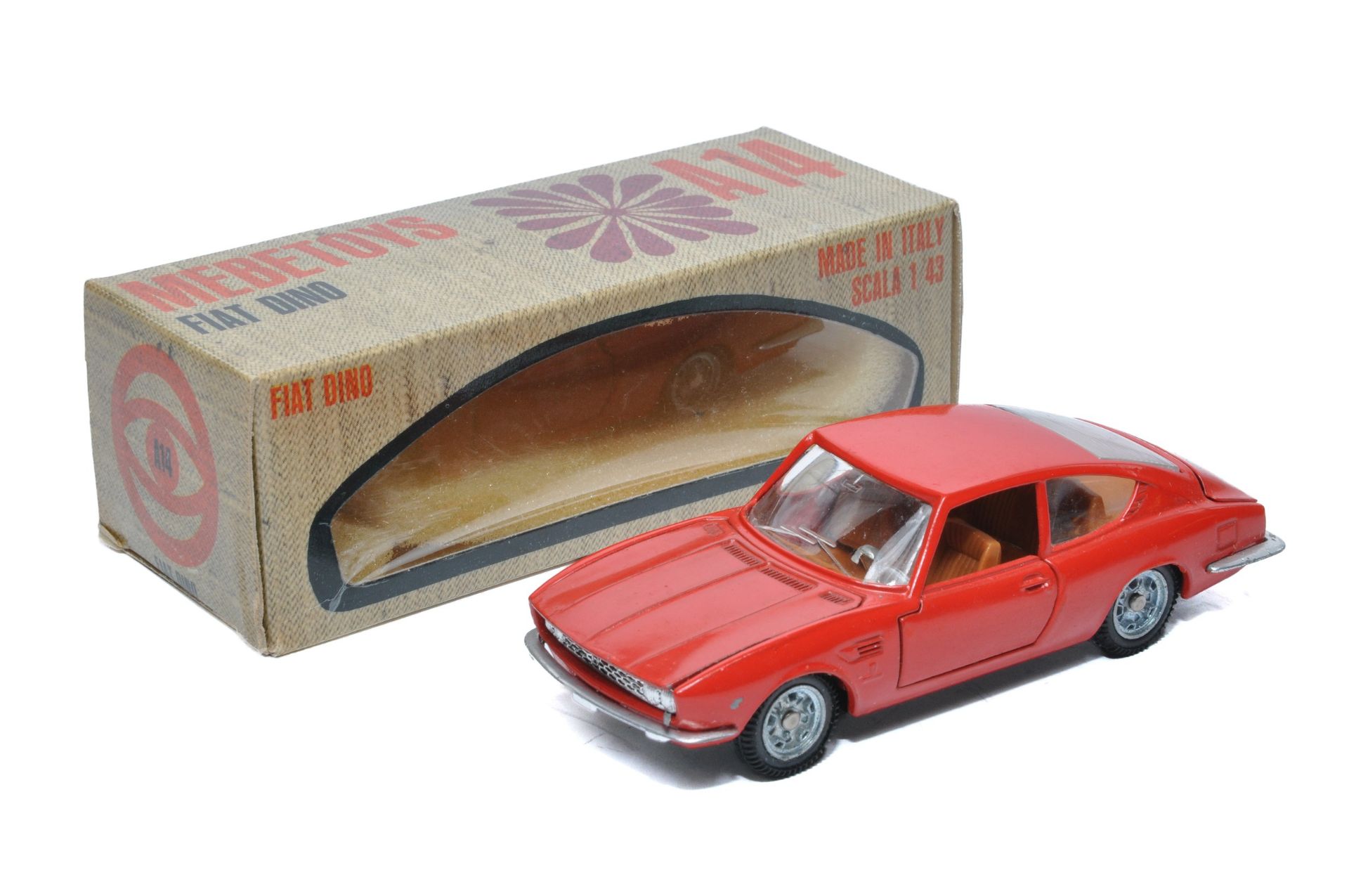 Mebetoys No. A14 Fiat Dino Coupe. Red with brown interior. Displays excellent, the odd speck of