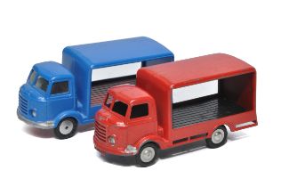 Corgi / Mettoy duo of Karrier Bantam Vans in blue and promotional red issue as shown. Fair and