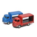 Corgi / Mettoy duo of Karrier Bantam Vans in blue and promotional red issue as shown. Fair and