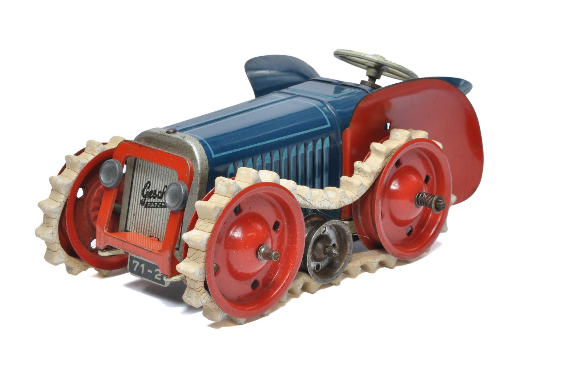 Gescha German tinplate mechanical crawler tractor. Untested but displays generally very good, some