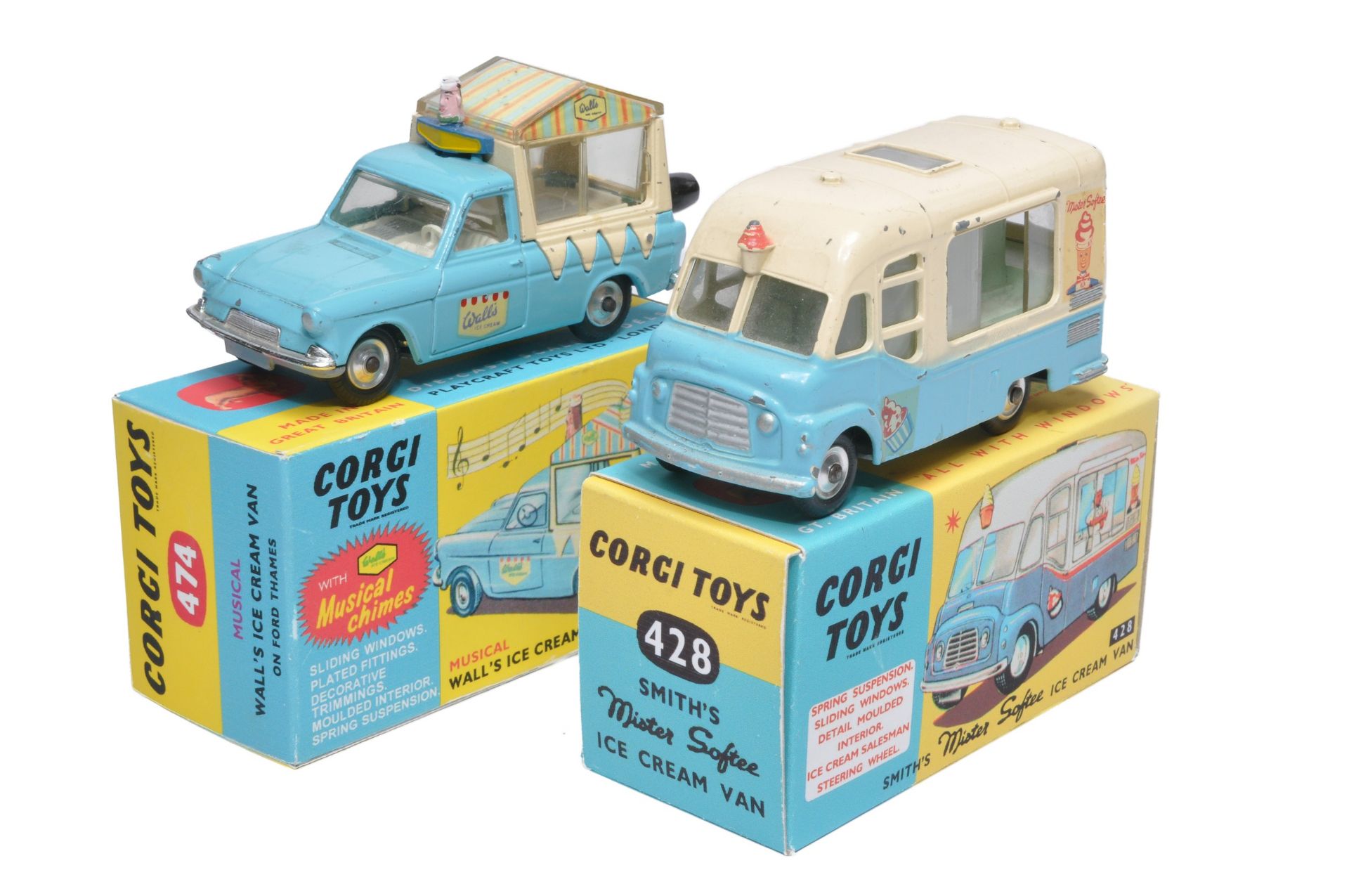 Corgi duo of No. 474 Walls Ice Cream Van plus No. 428 Mister Softee Ice Cream Van. Both display