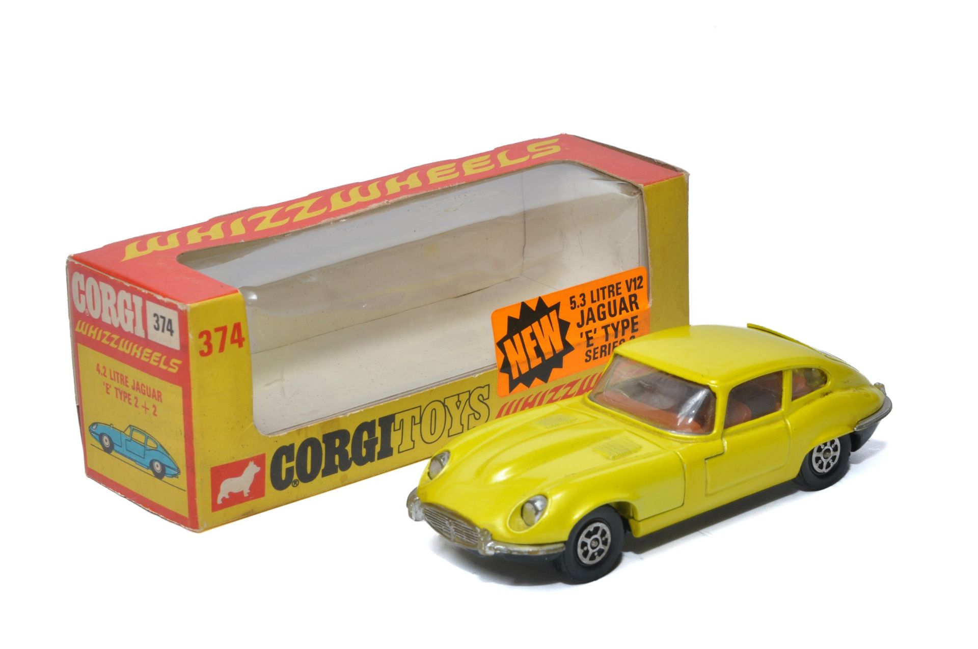 Corgi No. 374 Whizzwheels Jaguar E Type. Yellow with brown interior. Displays very good to excellent