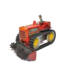 Marx (USA) 13 inch Litho printed Mechanical Tinplate Crawler Tractor with front brush attachment. In