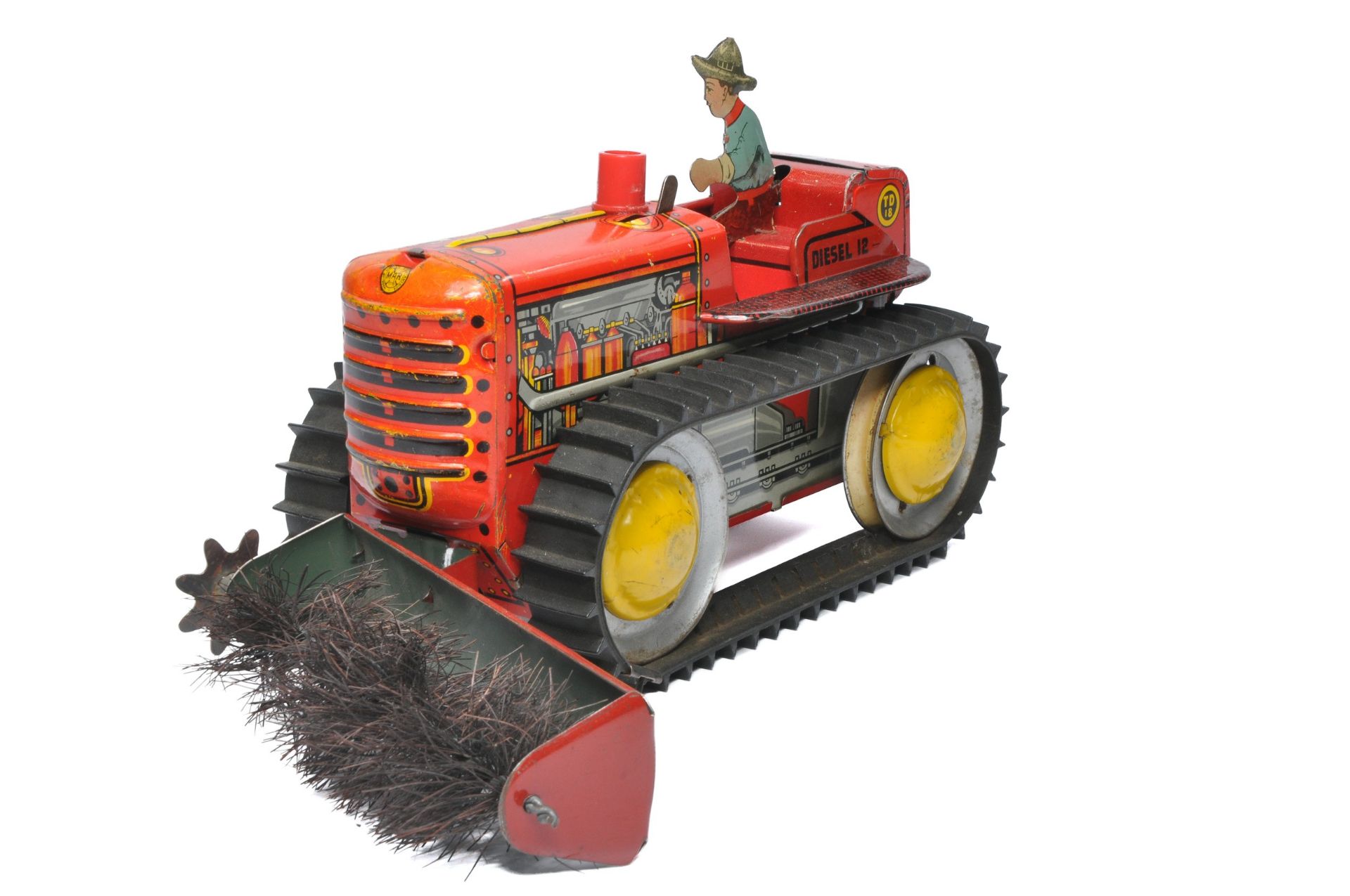 Marx (USA) 13 inch Litho printed Mechanical Tinplate Crawler Tractor with front brush attachment. In