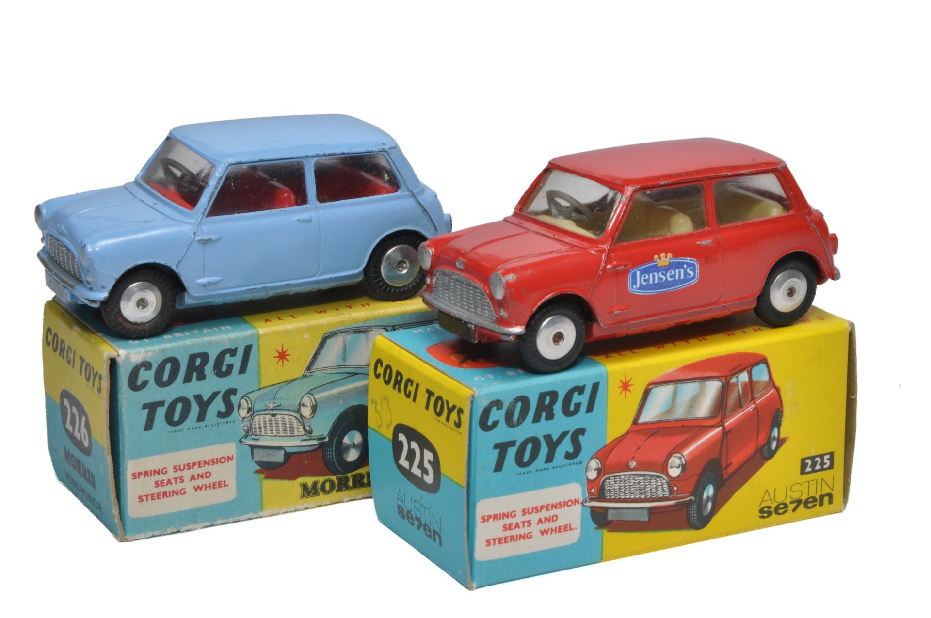 Corgi duo of No. 225 Austin 7 Mini plus No. 226 Morris Mini Minor. Both display generally good to