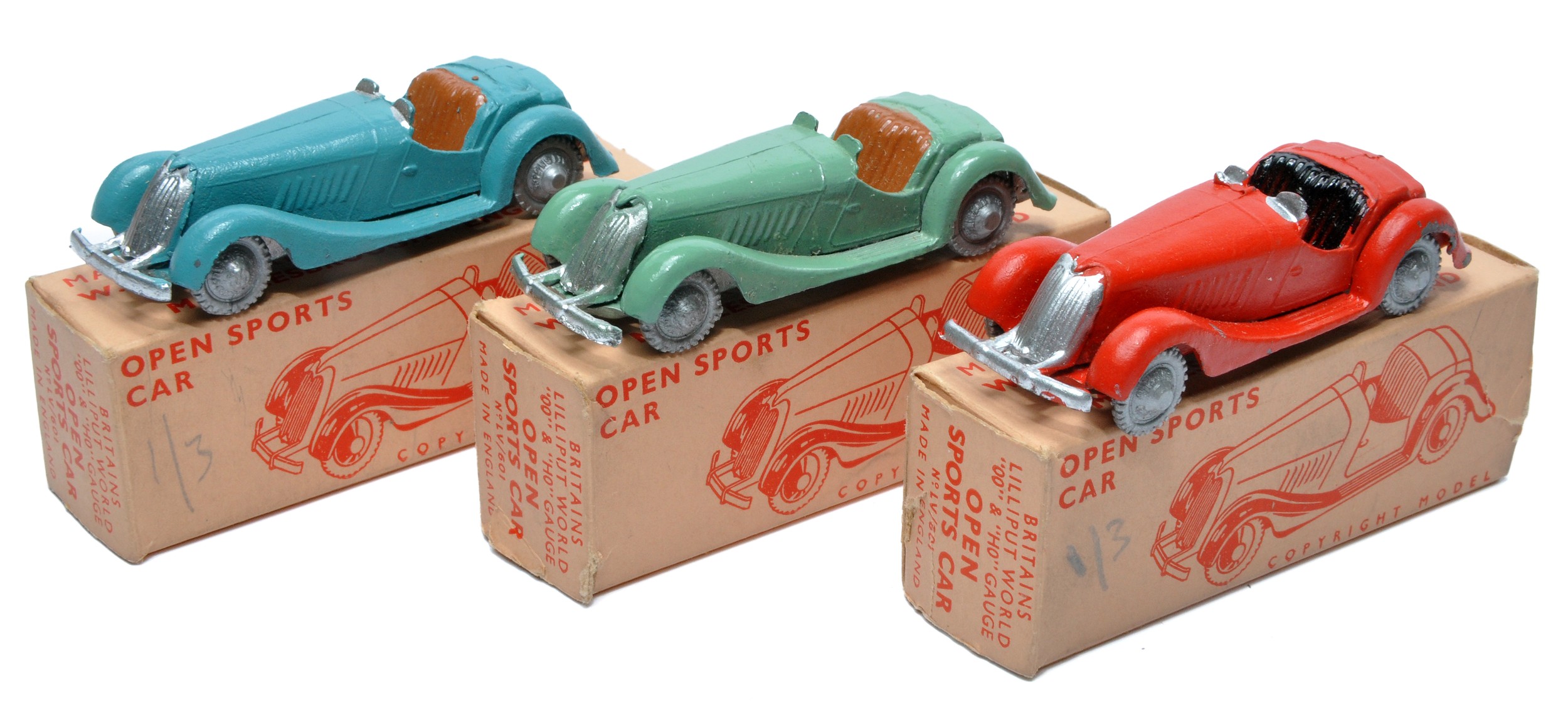 Britains Liliput trio of No. LV/601 Open Sport's Car in various colours as shown. Vehicles display