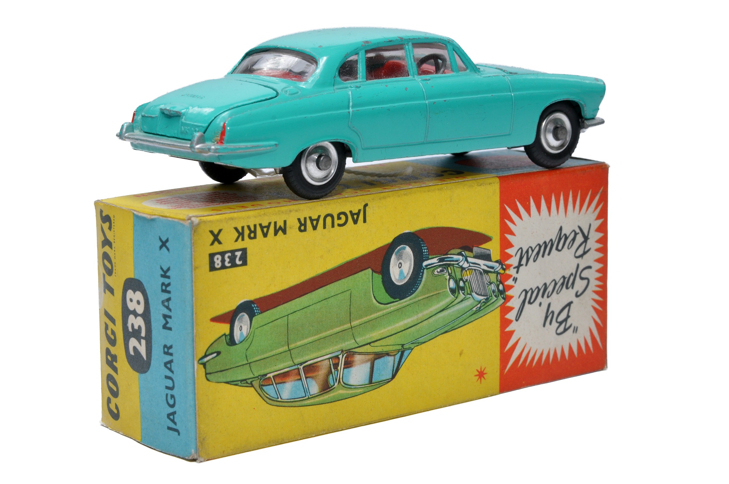 Corgi No. 238 Jaguar Mark X. Turquoise with red interior. Spun Hubs. Generally good some notable - Image 2 of 2