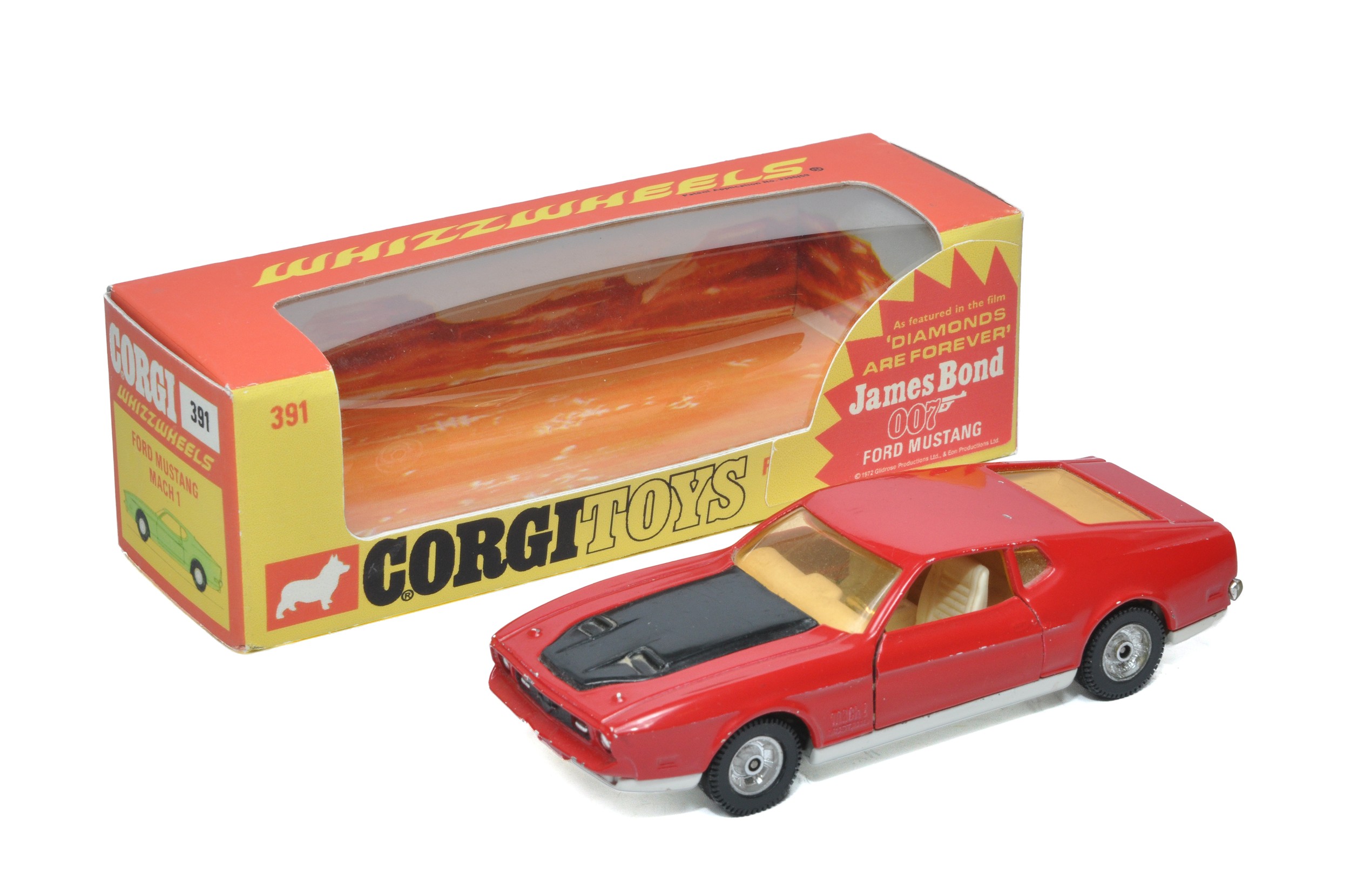 Corgi Whizzwheels no. 391 James Bond 007 Ford Mustang MK1. Red with black bonnet scoop and brown