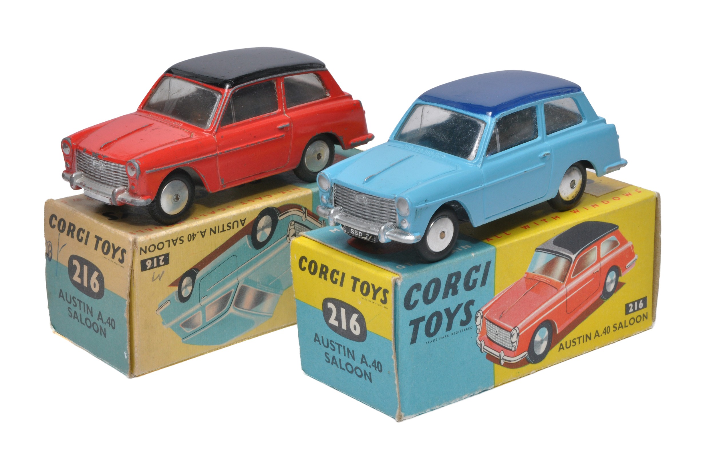 Corgi duo of No. 216 Austin A40 Saloon (Colour variations, red issue mechanical as shown). Both