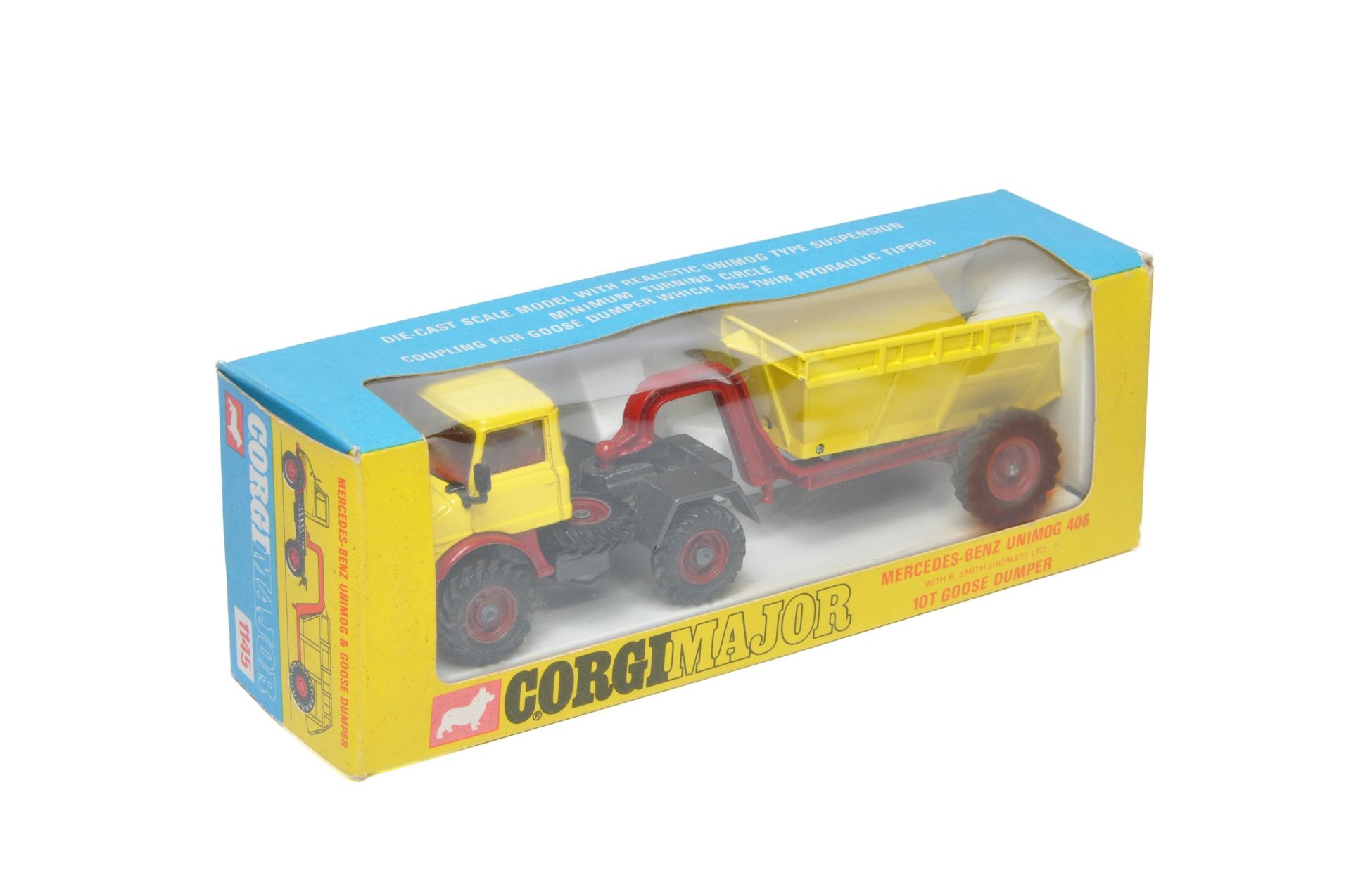Corgi No. 1145 Major Pack Mercedes Benz Unimog 406 with Goose Trailer. Yellow, maroon, red interior. - Image 2 of 3
