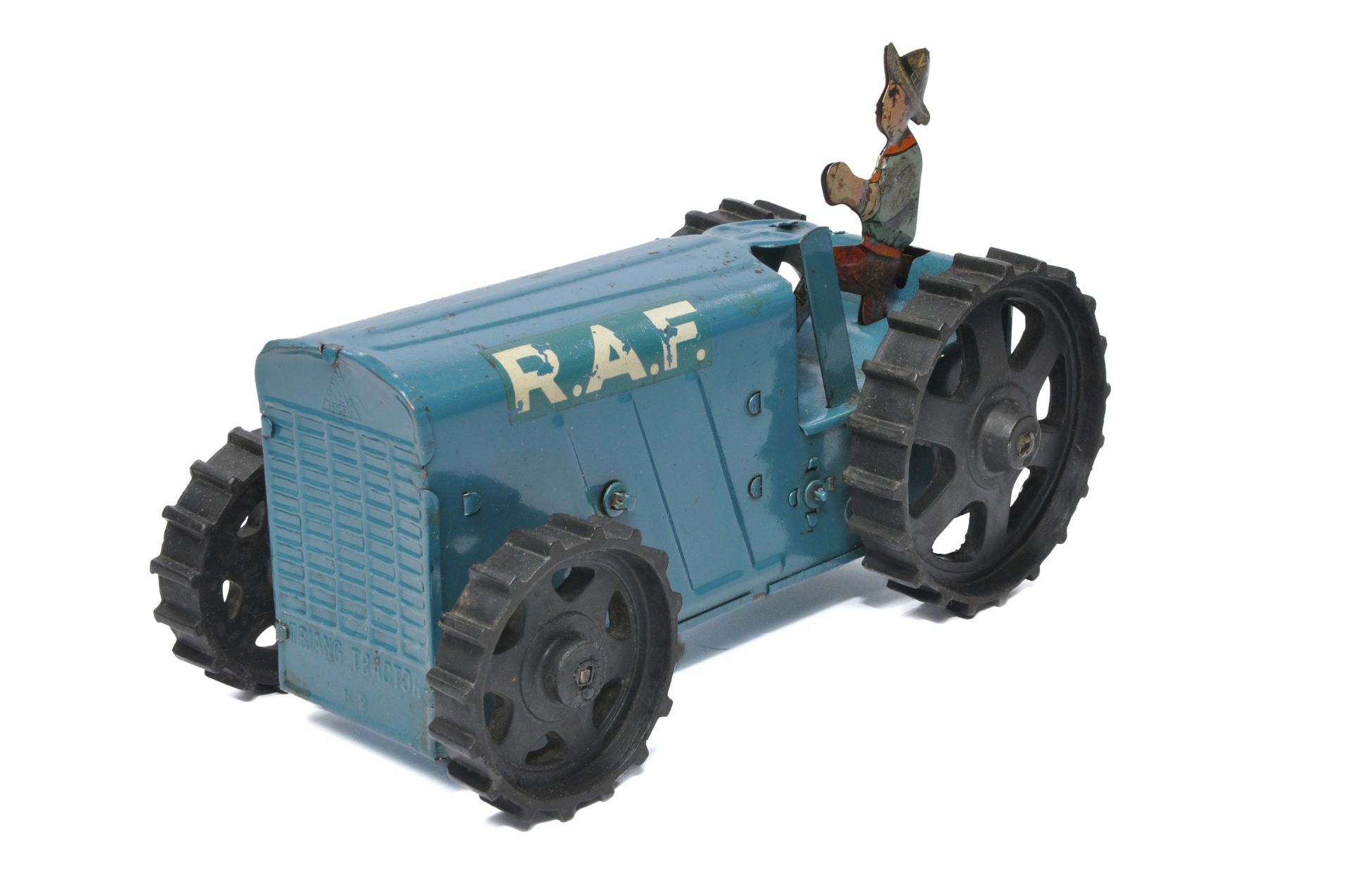 Triang No. 2 Mechanical Tinplate RAF Crawler Tractor in blue. In good working order. Displays
