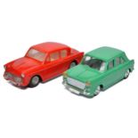 Telsalda duo of plastic friction driven British classic cars. Display good with minor signs of wear.