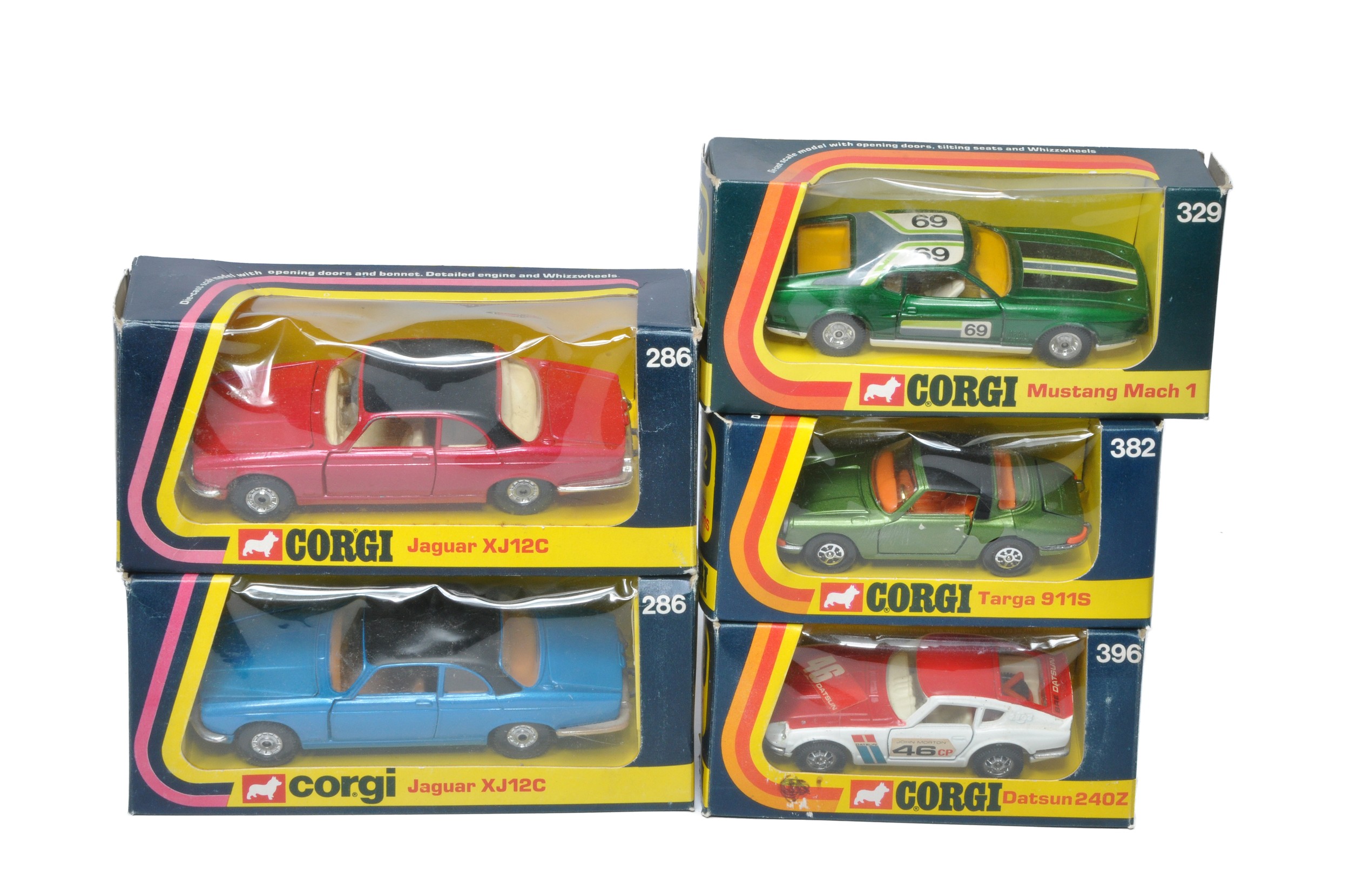 Corgi group of five diecast cars as shown including Jaguar XJ12C x 2, Porsche Targa, Ford Mustang