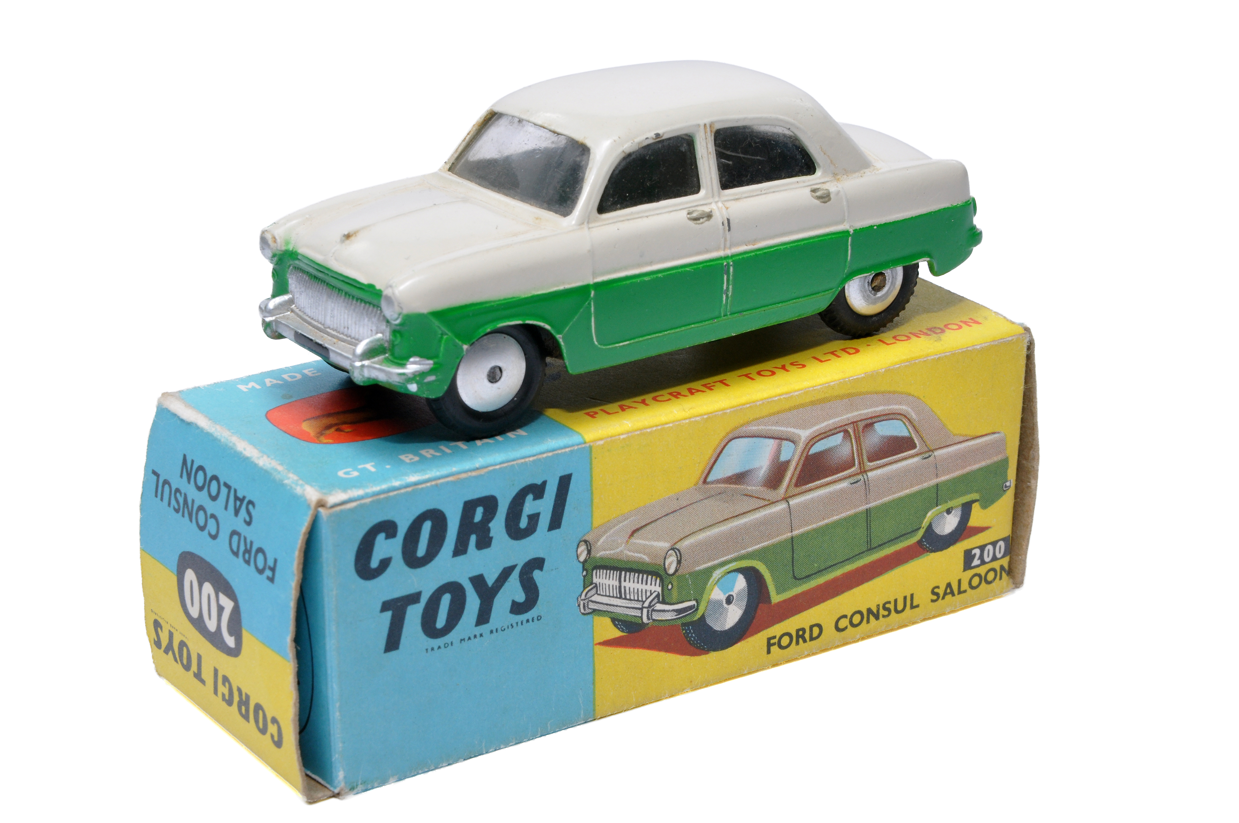 Corgi No. 200 Ford Consul Saloon. Two tone grey and green. Flat spun hubs. Generally displays