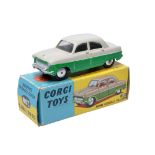 Corgi No. 200 Ford Consul Saloon. Two tone grey and green. Flat spun hubs. Generally displays